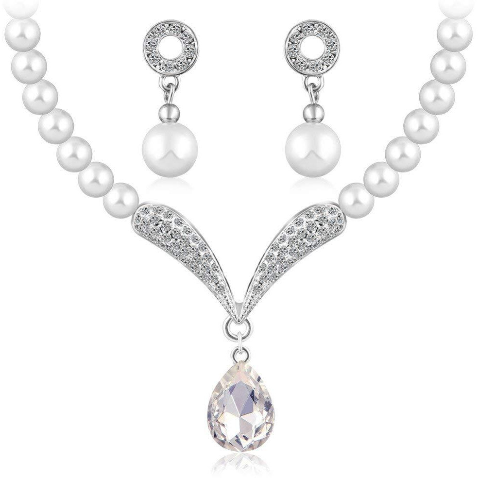 Shining Diva Latest Pearl Design Necklace Jewellery Set for Women (Design09-silver) (sd8494s)