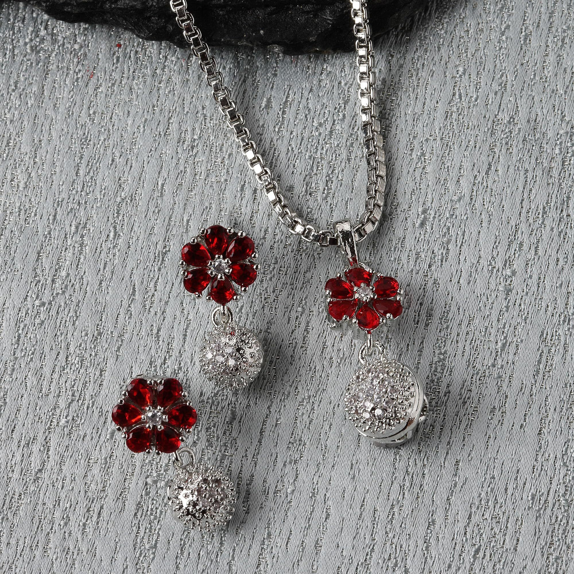 ZENEME Rhodium-Plated Silver Toned Green Cubic Zirconia studded Floral Shaped Cute Pendant with Earrings Jewellery Set for Girls and Women (Green) (Red)