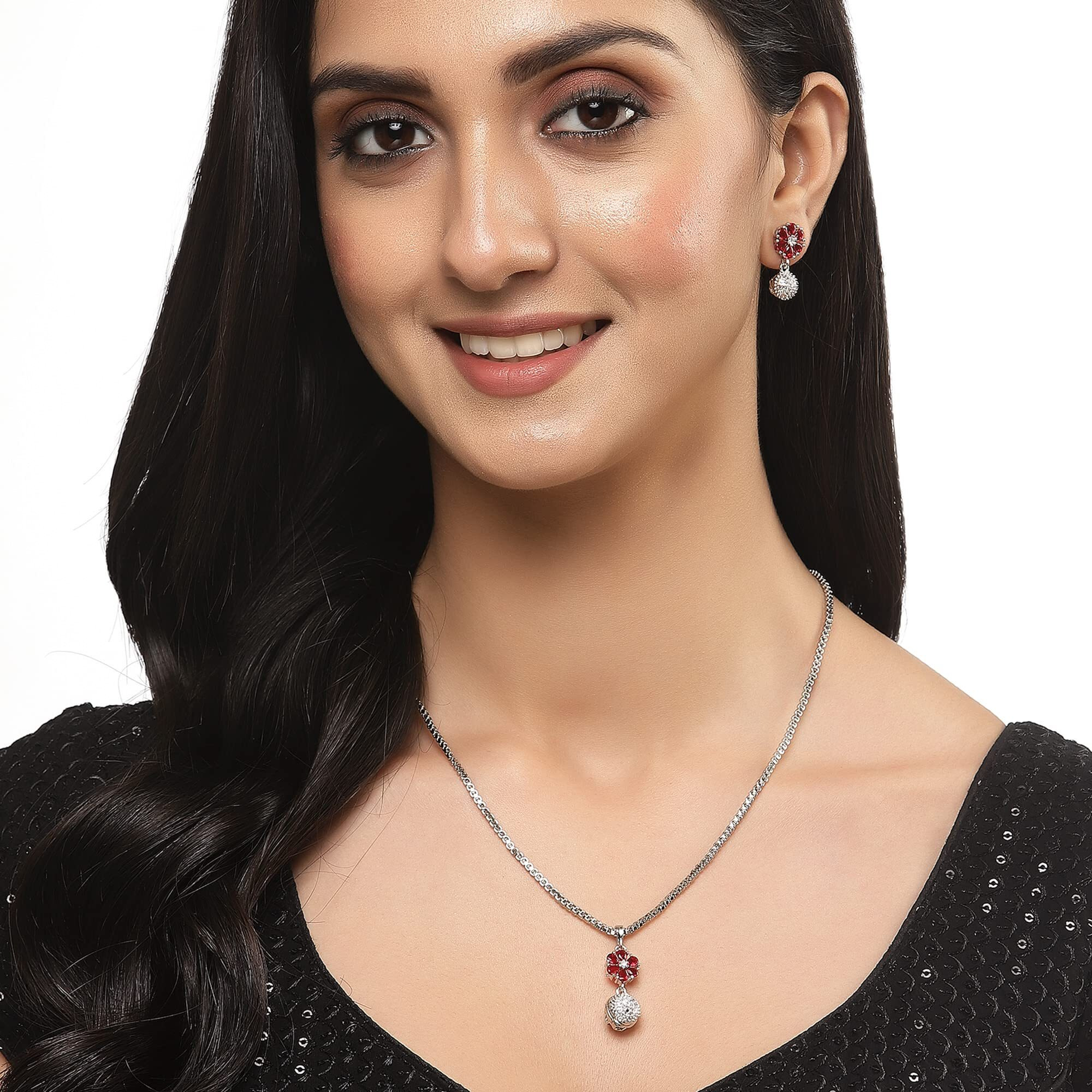 ZENEME Rhodium-Plated Silver Toned Green Cubic Zirconia studded Floral Shaped Cute Pendant with Earrings Jewellery Set for Girls and Women (Green) (Red)