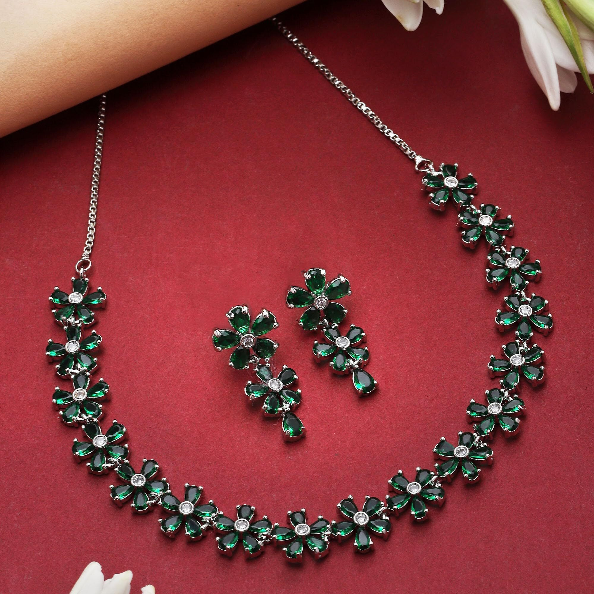 ZENEME Rhodium Plated Silver Toned White American Diamond Studded Flower Shaped Jewellery Set For Girls and Women (Green)