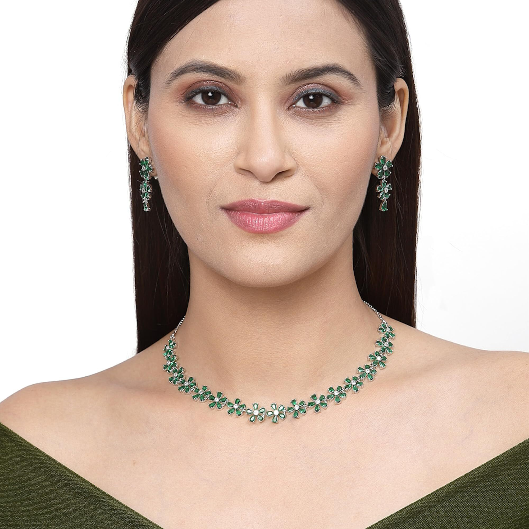 ZENEME Rhodium Plated Silver Toned White American Diamond Studded Flower Shaped Jewellery Set For Girls and Women (Green)