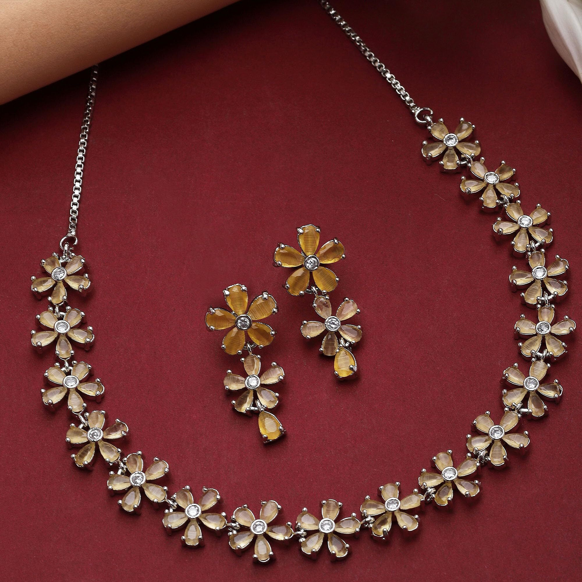 ZENEME Rhodium Plated Silver Toned White American Diamond Studded Flower Shaped Jewellery Set For Girls and Women (Yellow)
