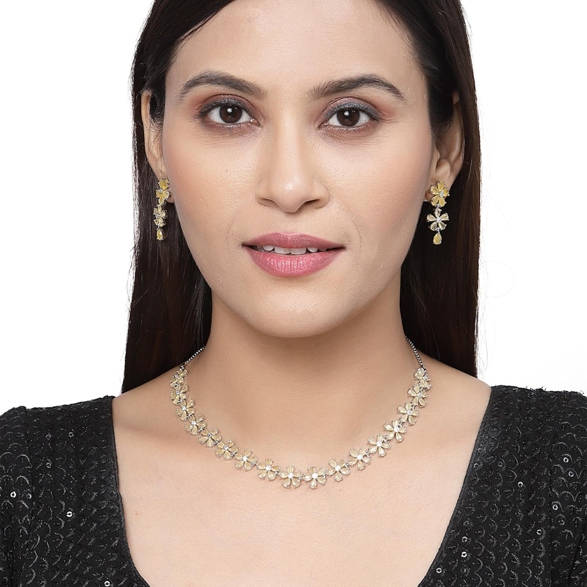 ZENEME Rhodium Plated Silver Toned White American Diamond Studded Flower Shaped Jewellery Set For Girls and Women (Yellow)