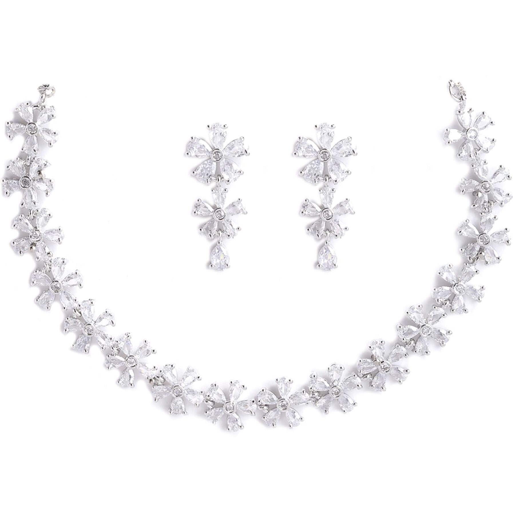 ZENEME Rhodium Plated Silver Toned White American Diamond Studded Flower Shaped Jewellery Set For Girls and Women (White)