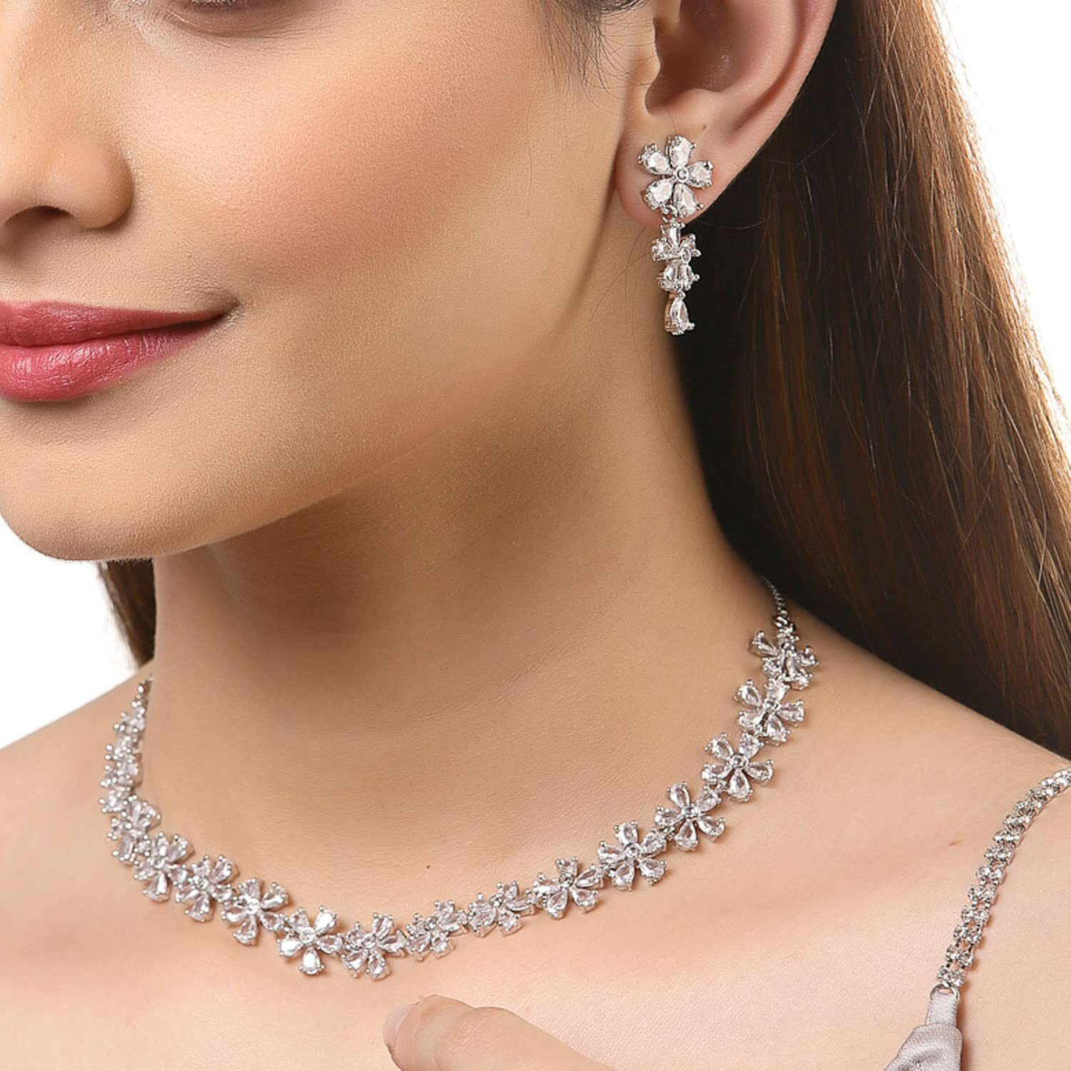 ZENEME Rhodium Plated Silver Toned White American Diamond Studded Flower Shaped Jewellery Set For Girls and Women (White)