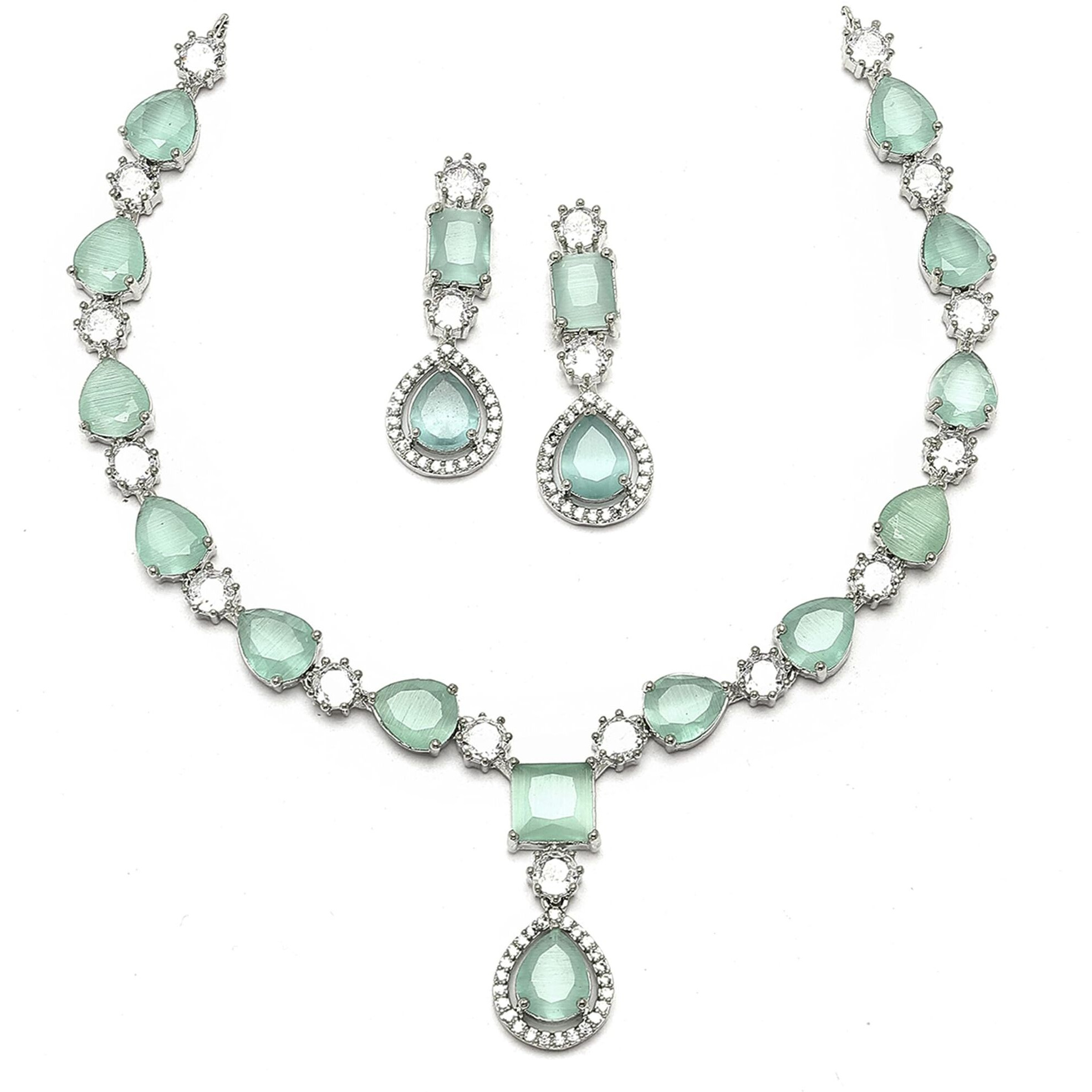 ZENEME Rhodium-Plated American Diamond Studded Fashionable Necklace With Earrings Jewellery Set For Girls and Women (Sea Green)