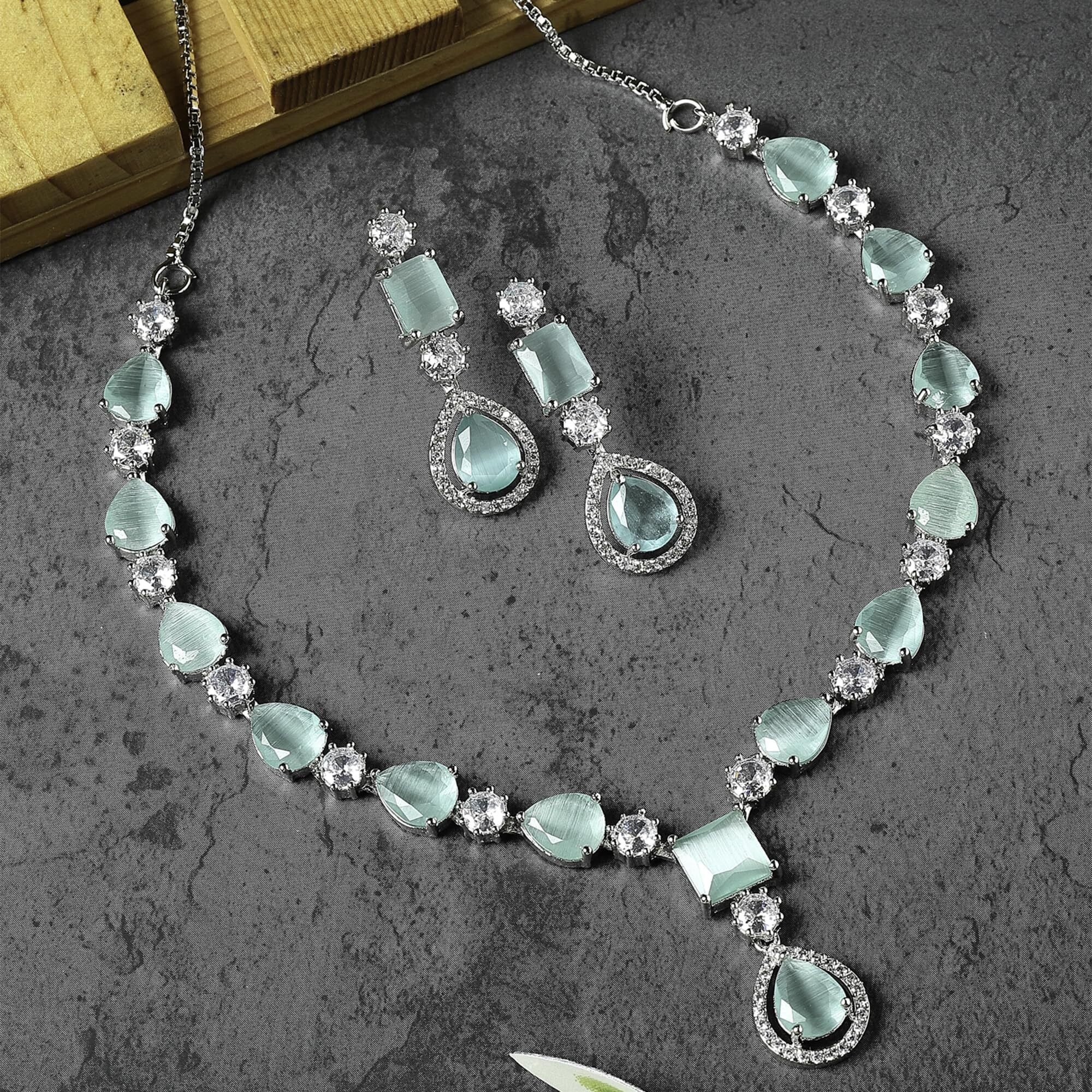 ZENEME Rhodium-Plated American Diamond Studded Fashionable Necklace With Earrings Jewellery Set For Girls and Women (Sea Green)