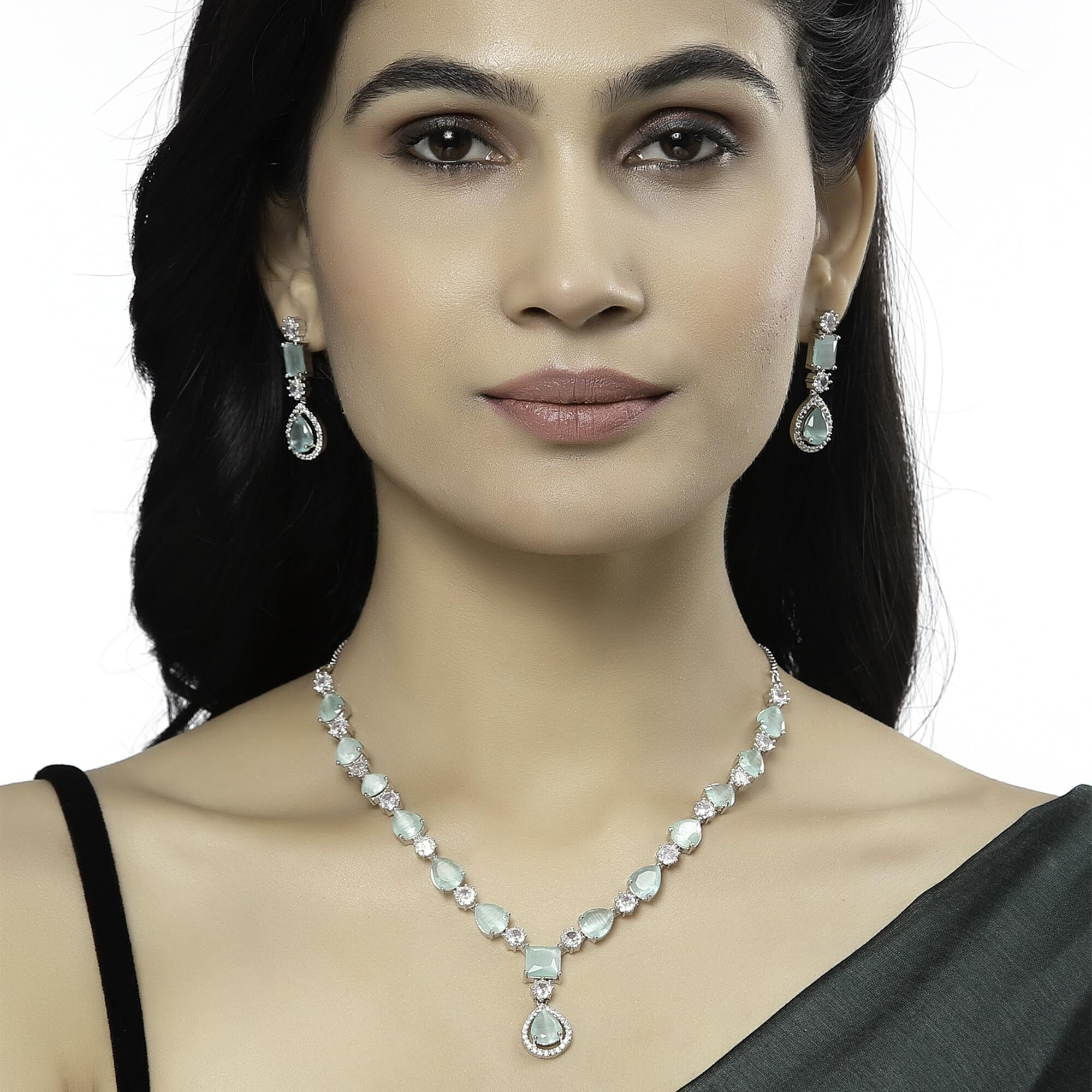 ZENEME Rhodium-Plated American Diamond Studded Fashionable Necklace With Earrings Jewellery Set For Girls and Women (Sea Green)