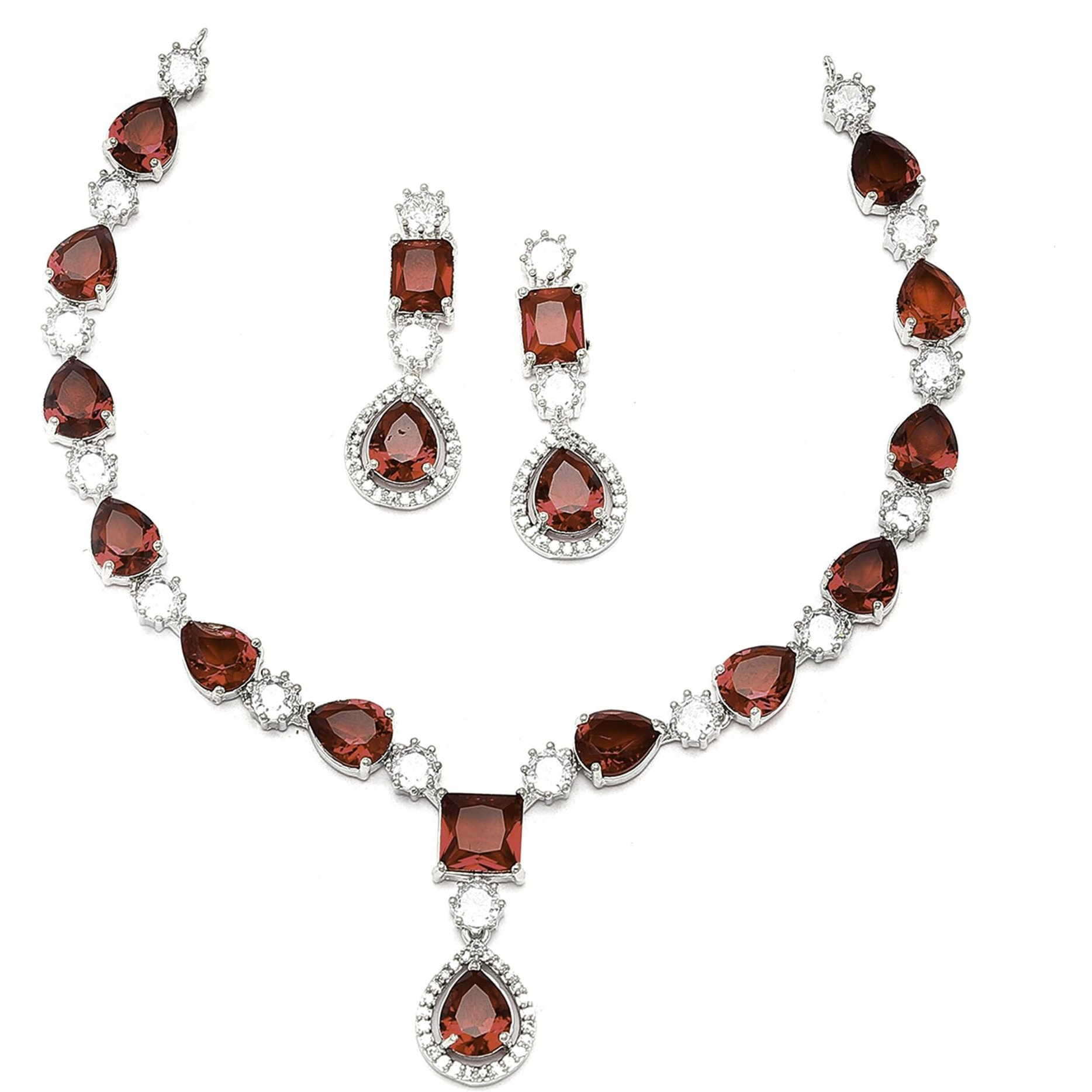 ZENEME Rhodium-Plated American Diamond Studded Fashionable Necklace With Earrings Jewellery Set For Girls and Women (Red)