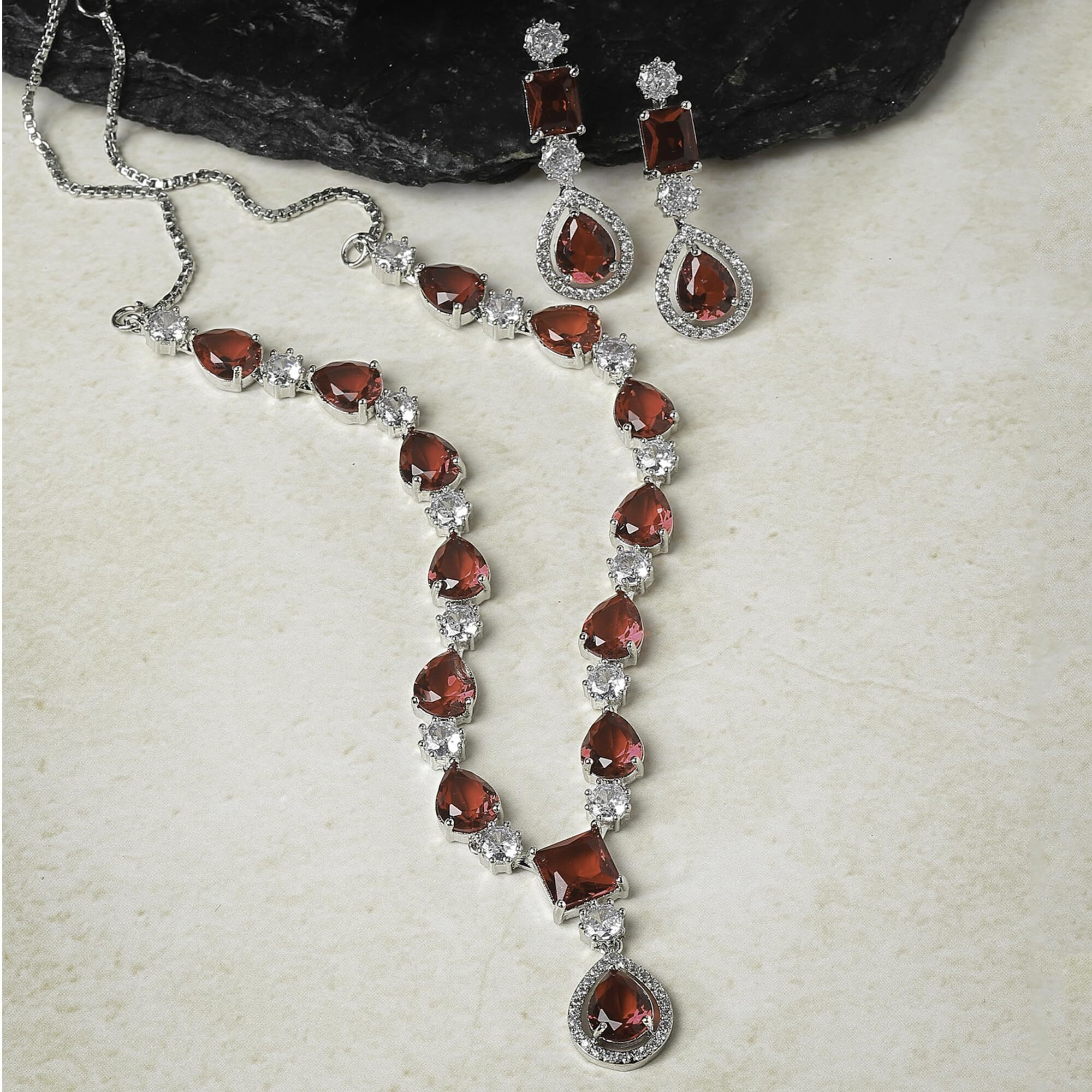 ZENEME Rhodium-Plated American Diamond Studded Fashionable Necklace With Earrings Jewellery Set For Girls and Women (Red)