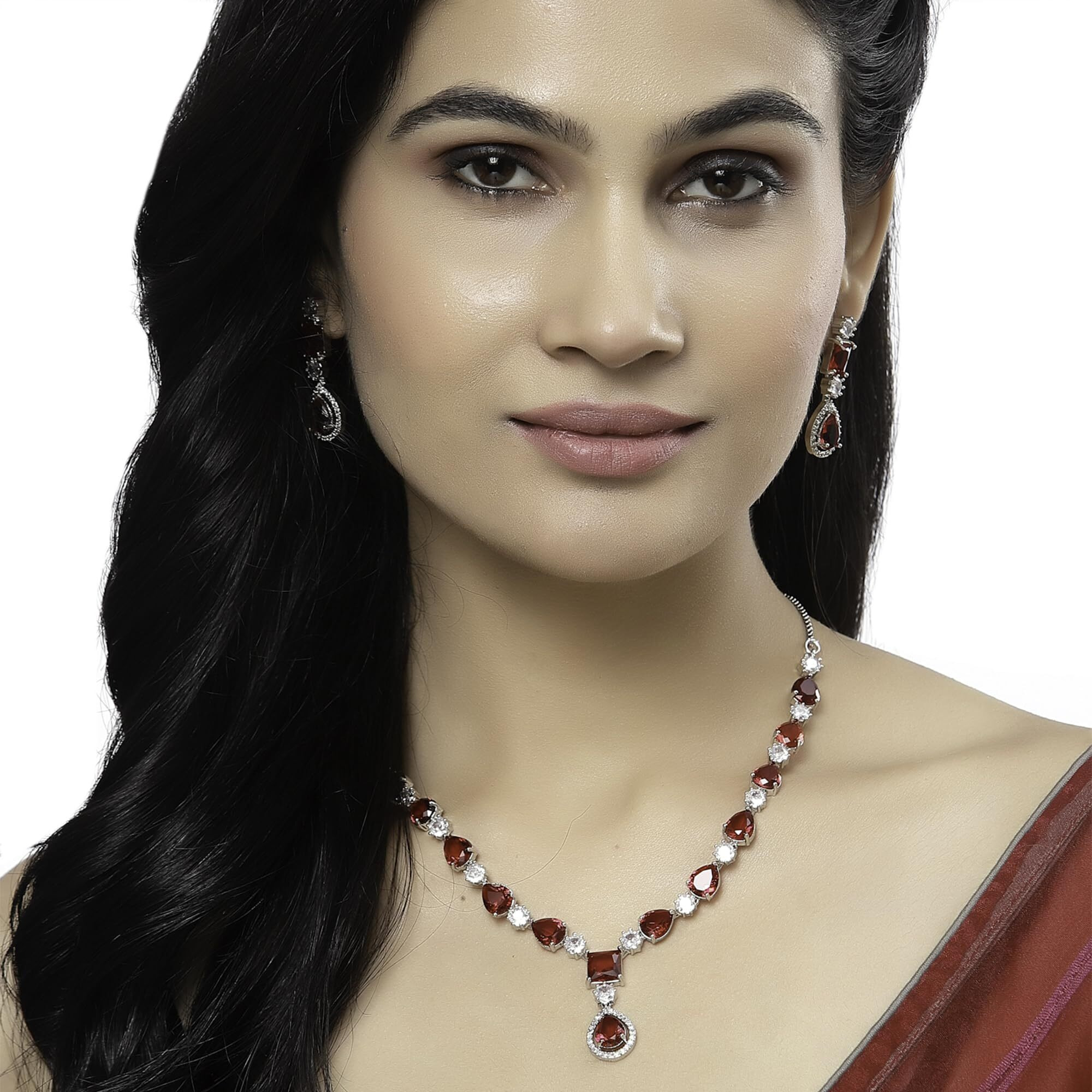 ZENEME Rhodium-Plated American Diamond Studded Fashionable Necklace With Earrings Jewellery Set For Girls and Women (Red)