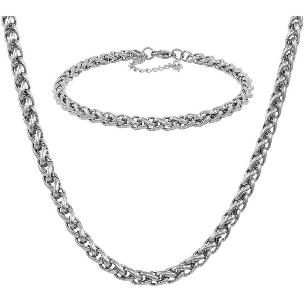Nakabh Handmade Stainless Steel Chain Necklace Bracelet Combo for Men Boys (0302) Silver Linked