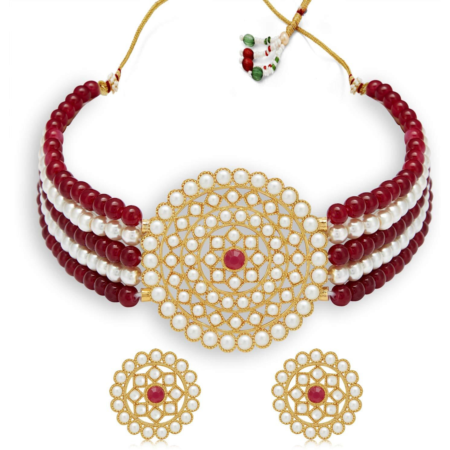 Sukkhi Stunning Gold Plated Maroon & White Pearl Choker Necklace Set with Stud Earring for Women