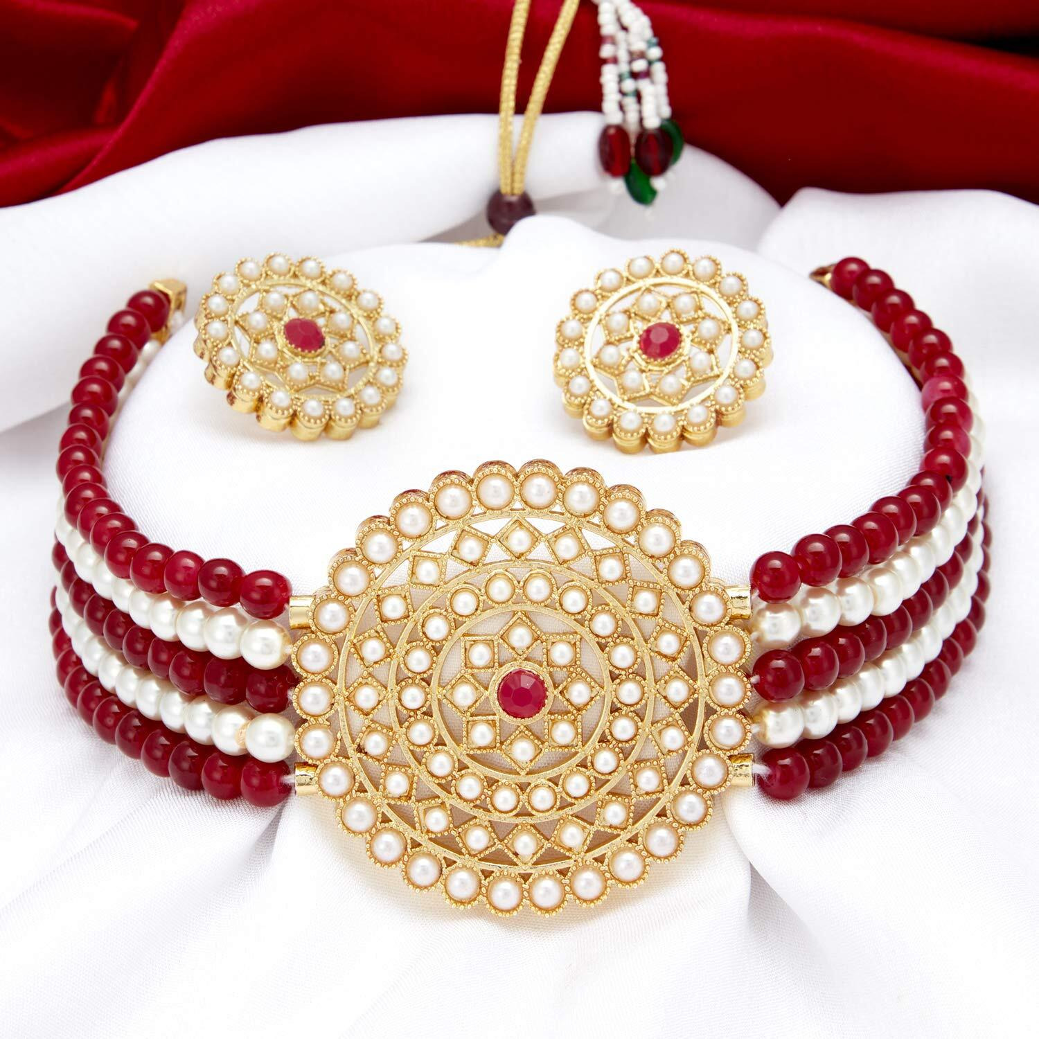 Sukkhi Stunning Gold Plated Maroon & White Pearl Choker Necklace Set with Stud Earring for Women