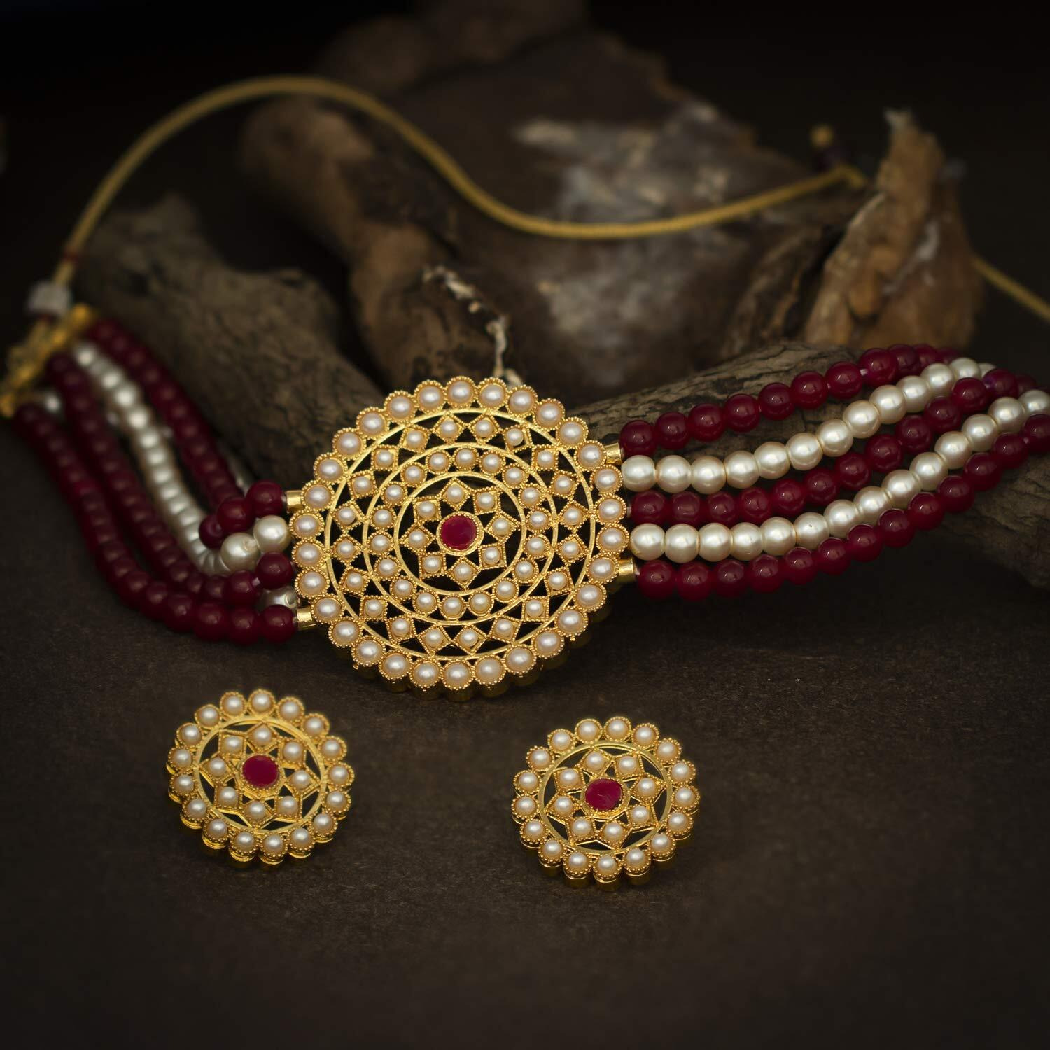 Sukkhi Stunning Gold Plated Maroon & White Pearl Choker Necklace Set with Stud Earring for Women
