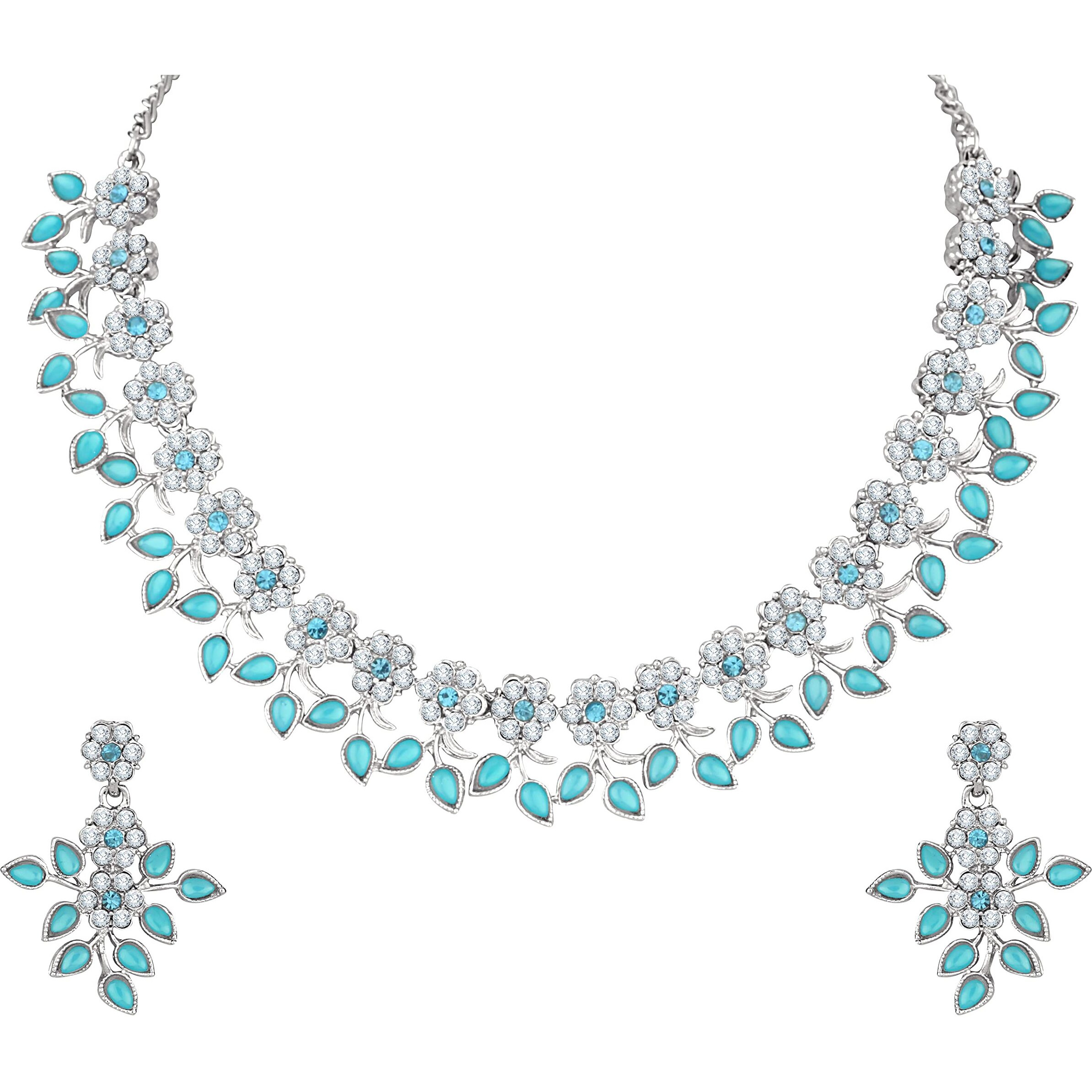 Atasi International Silver-Plated Mint Blue Monalisa Kundan Crystal AD Diamond Necklace/Jewellery Set with Earrings (RMB5484) For Women
