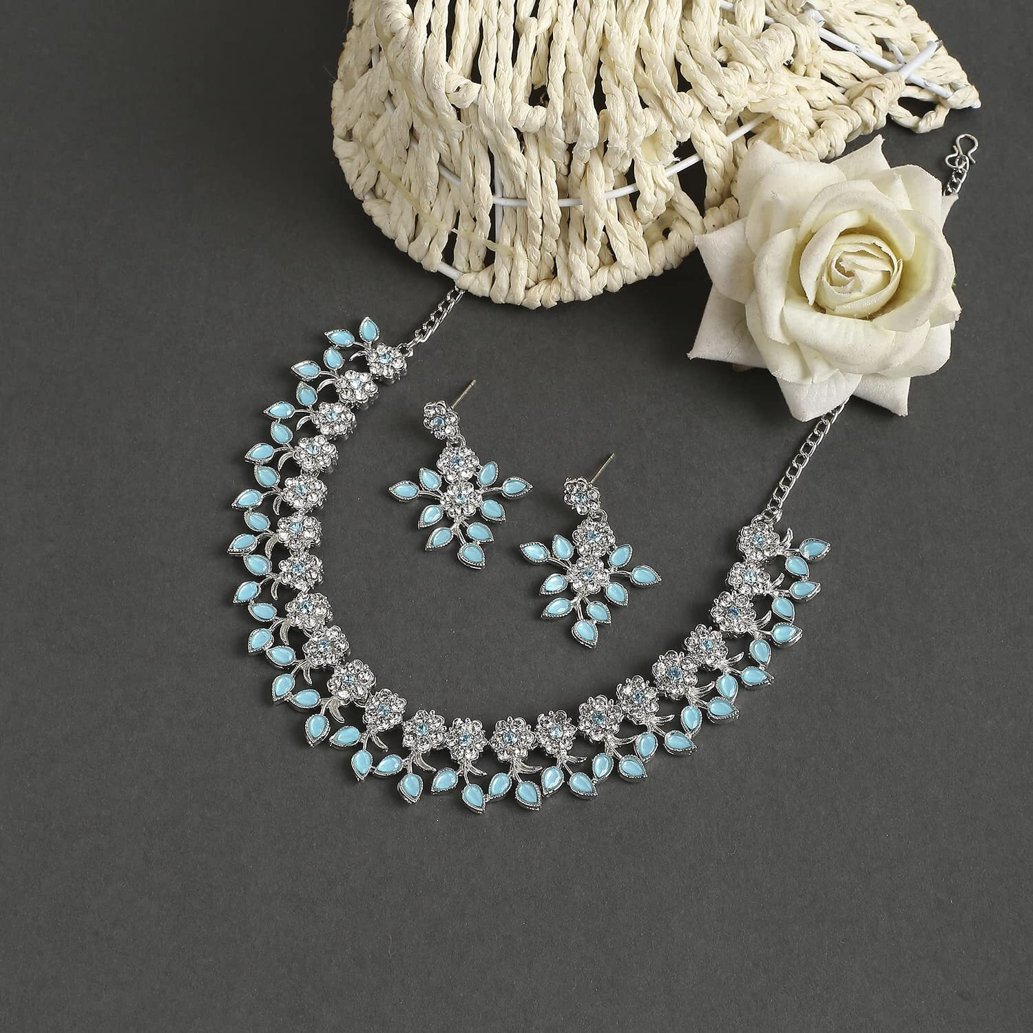 Atasi International Silver-Plated Mint Blue Monalisa Kundan Crystal AD Diamond Necklace/Jewellery Set with Earrings (RMB5484) For Women