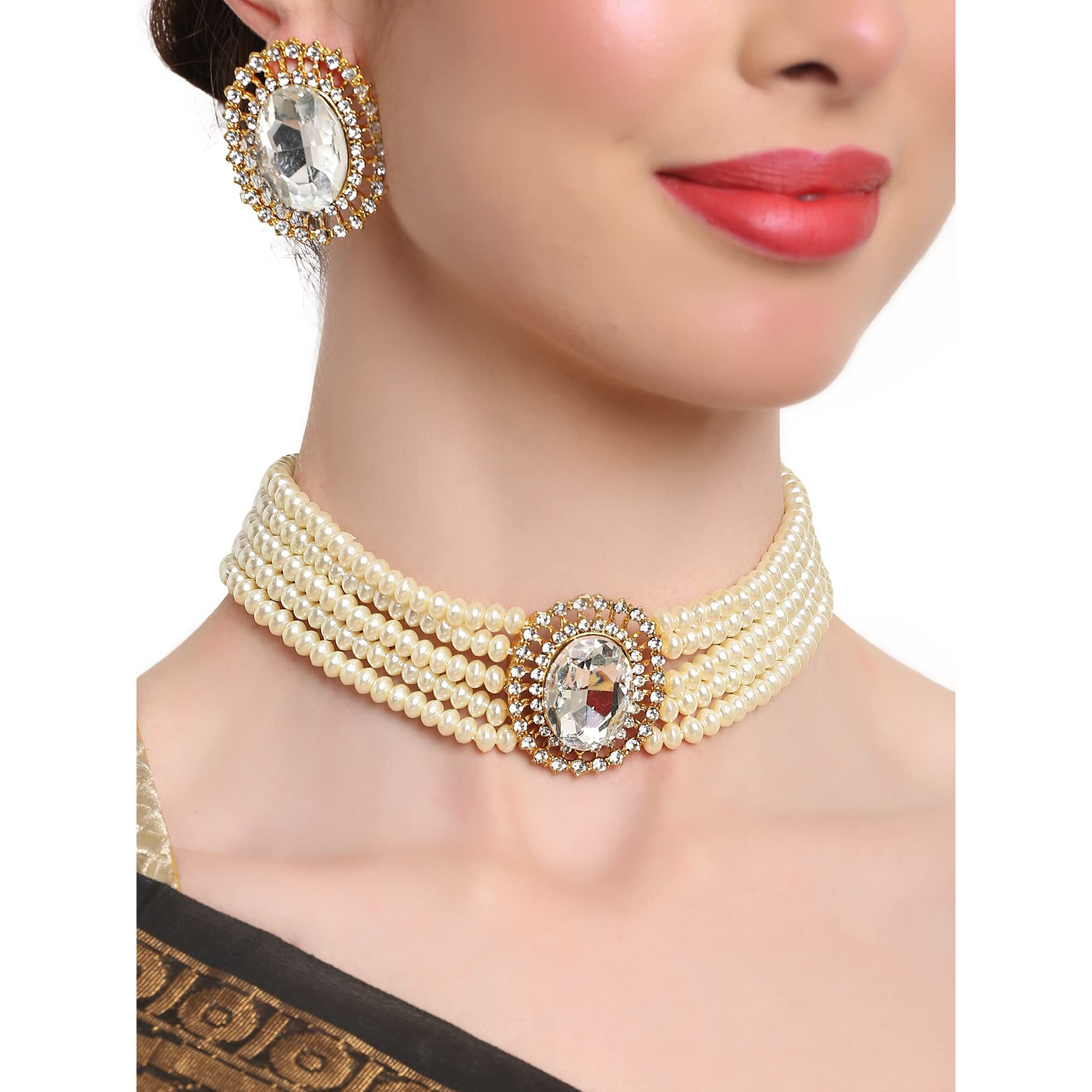 Shining Diva Fashion Latest Stylish Fancy Choker Traditional Pearl Kundan Necklace Jewellery Set for Women (12552s), White, One