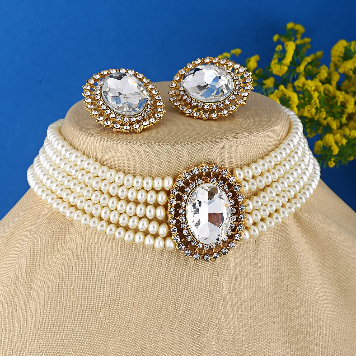 Shining Diva Fashion Latest Stylish Fancy Choker Traditional Pearl Kundan Necklace Jewellery Set for Women (12552s), White, One