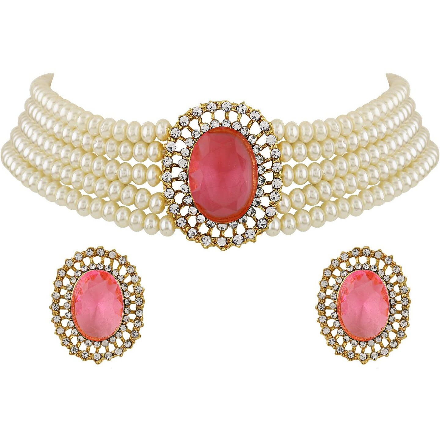 Shining Diva Fashion Latest Stylish Fancy Choker Traditional Pearl Necklace Jewellery Set for Women (12551s), Pink, One