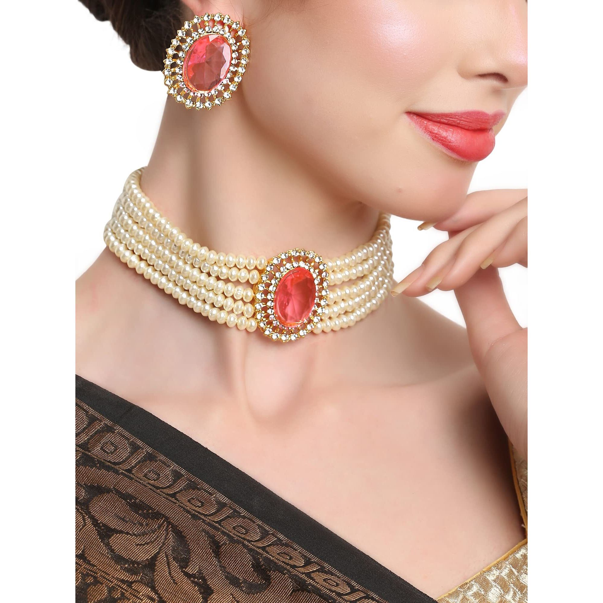 Shining Diva Fashion Latest Stylish Fancy Choker Traditional Pearl Necklace Jewellery Set for Women (12551s), Pink, One