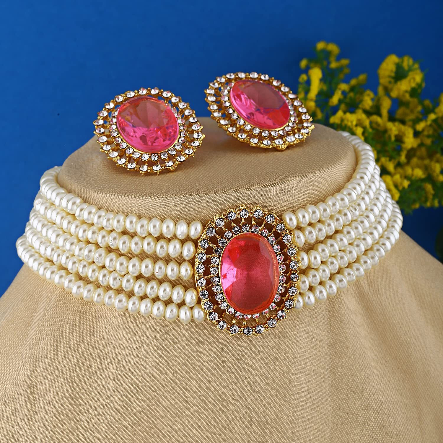 Shining Diva Fashion Latest Stylish Fancy Choker Traditional Pearl Necklace Jewellery Set for Women (12551s), Pink, One