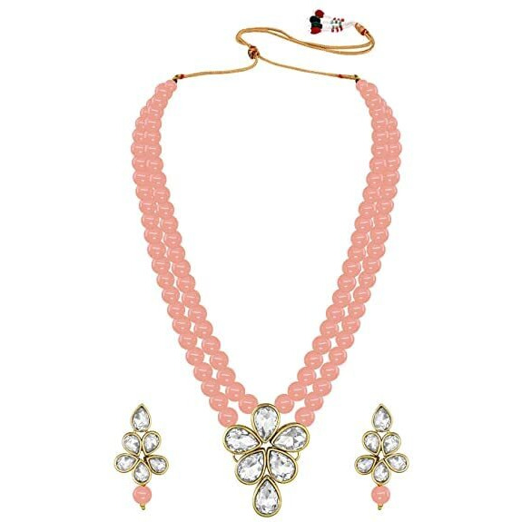 I Jewels 18k Gold Plated Traditional Kundan & Pearl Studded Necklace Jewellery Set For Women (ML311) (Peach)
