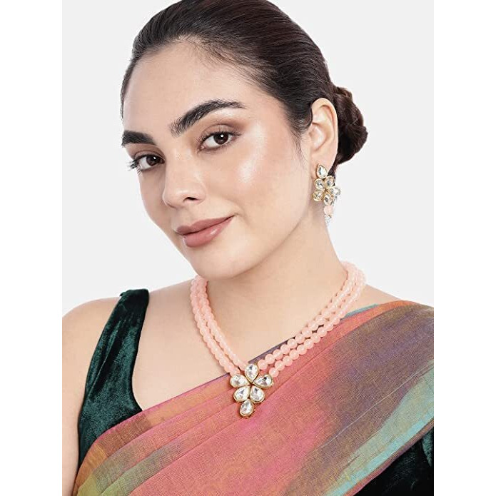I Jewels 18k Gold Plated Traditional Kundan & Pearl Studded Necklace Jewellery Set For Women (ML311) (Peach)