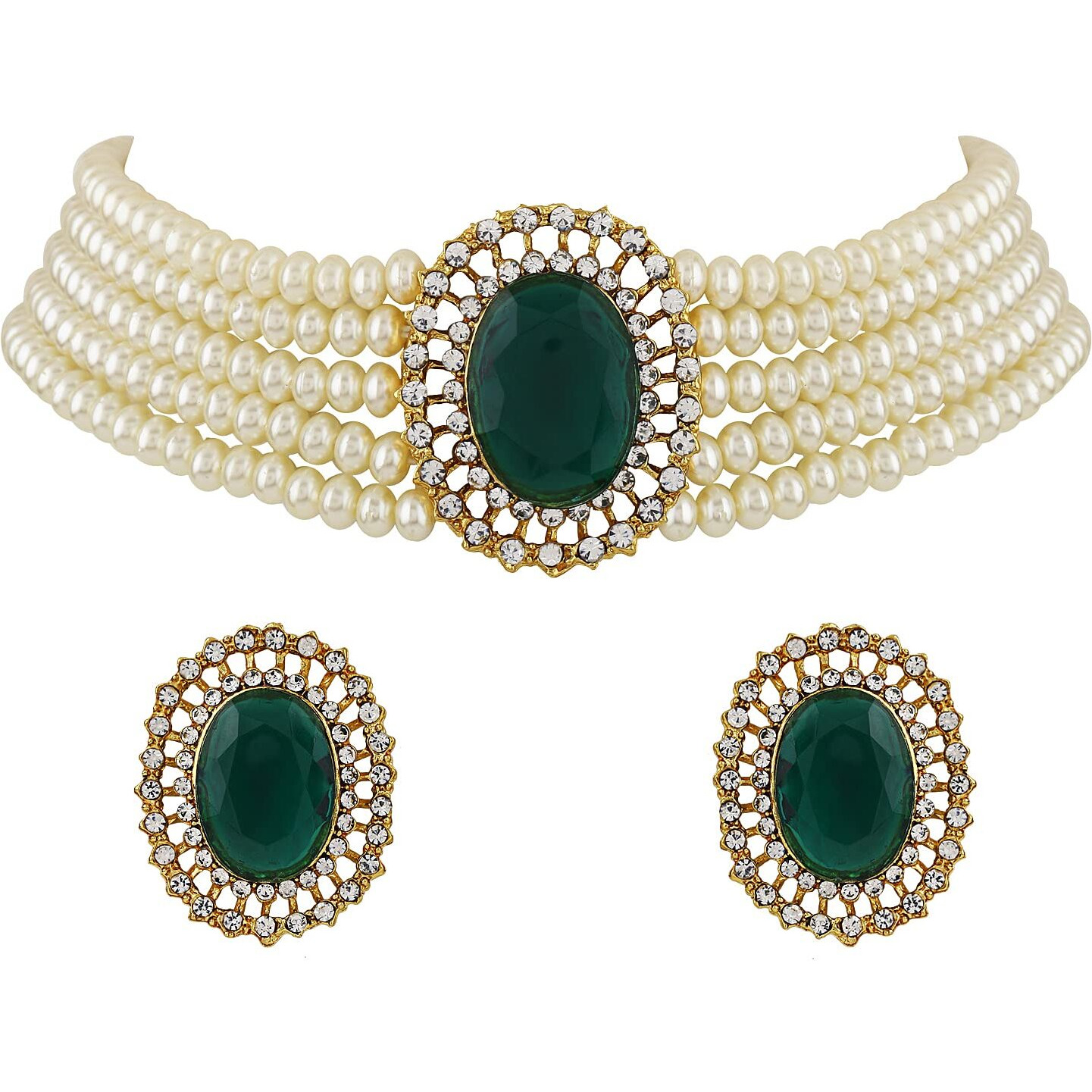 Shining Diva Fashion Latest Stylish Fancy Choker Traditional Pearl Necklace Jewellery Set for Women (12550s), Green, One