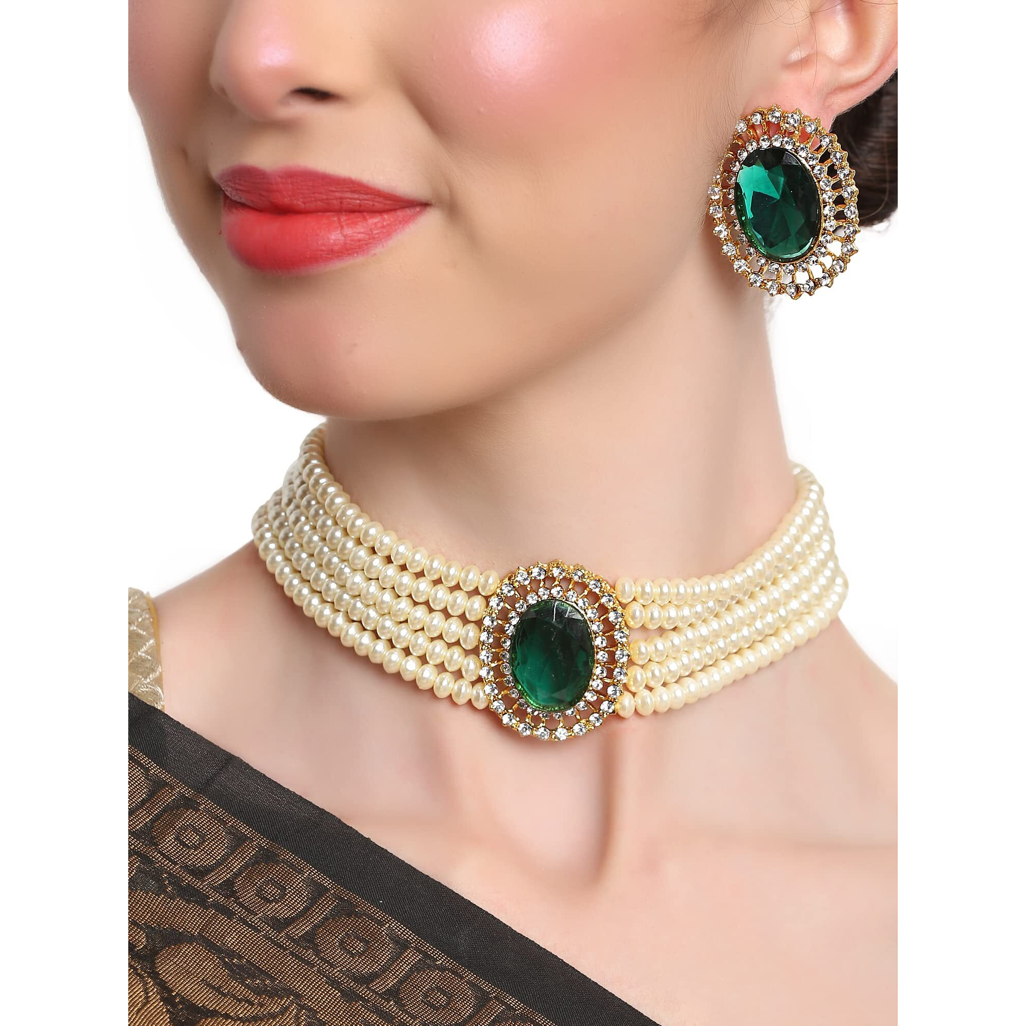 Shining Diva Fashion Latest Stylish Fancy Choker Traditional Pearl Necklace Jewellery Set for Women (12550s), Green, One
