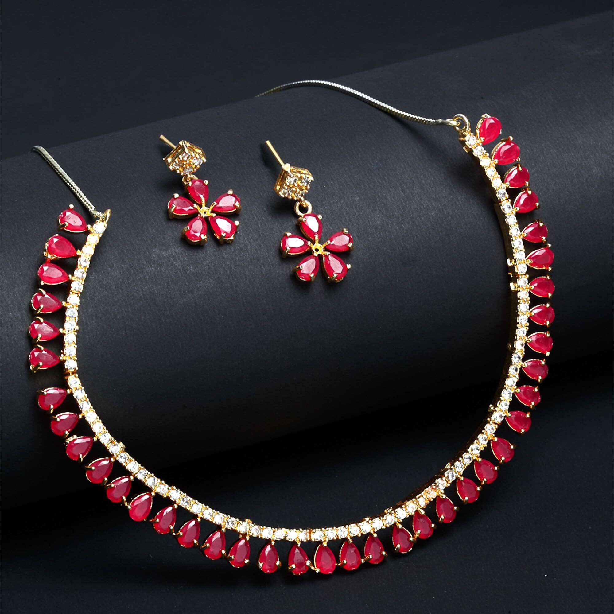 ZENEME Gold Plated American Diamond Necklace with Earrings Jewellery for Women & Girls (Red)
