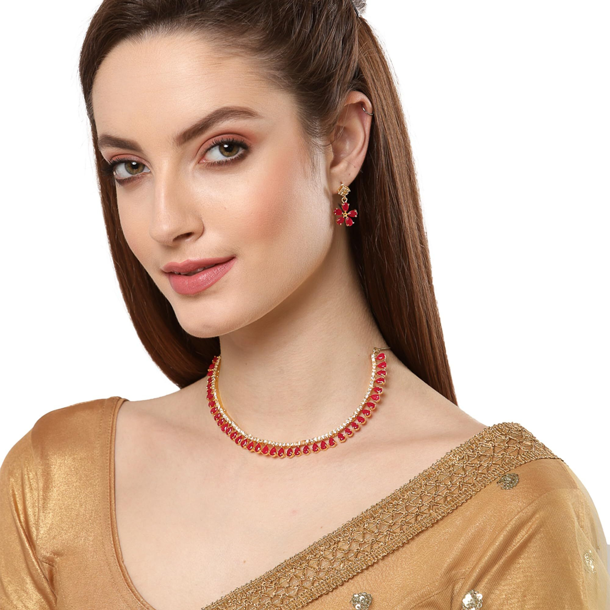 ZENEME Gold Plated American Diamond Necklace with Earrings Jewellery for Women & Girls (Red)
