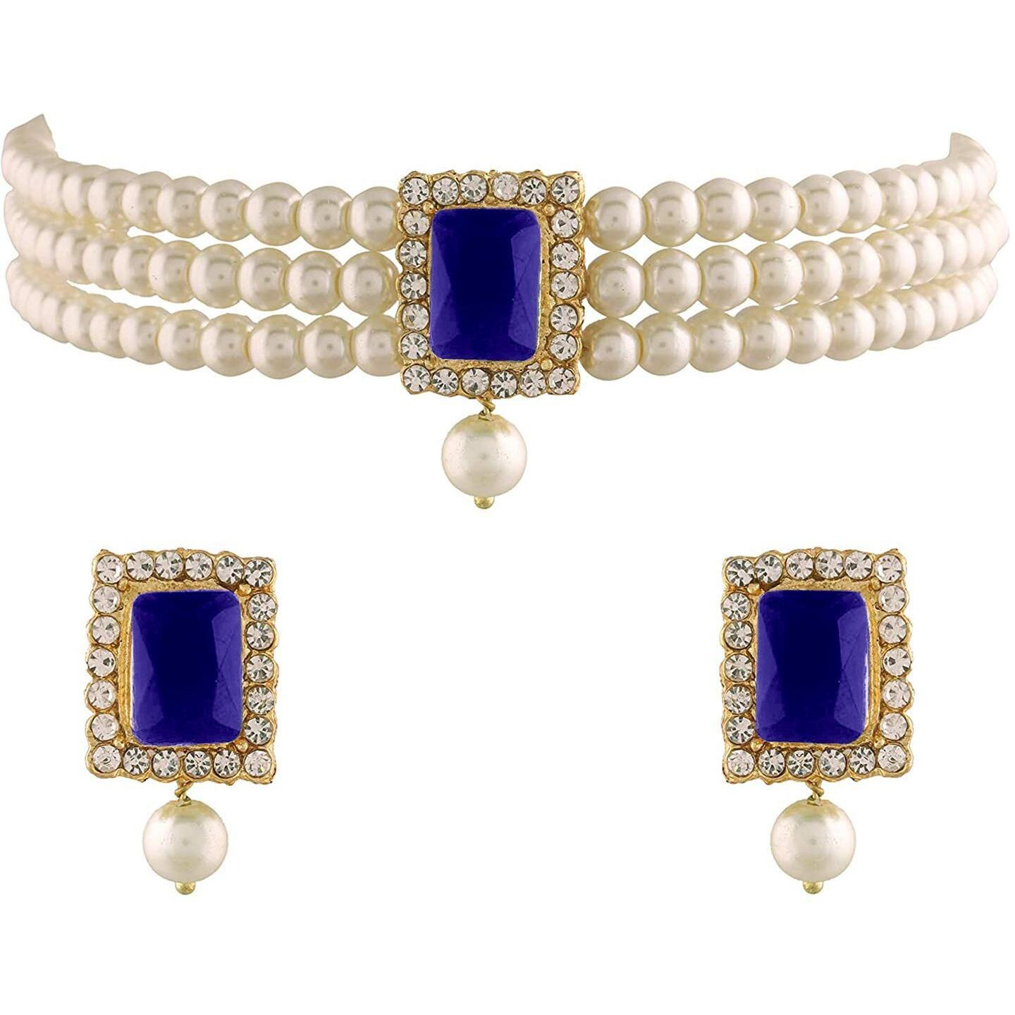 I Jewels Gold Plated Traditional Stone Pearl Choker Necklace Jewellery Set For Women/Girls (ML237Bl)