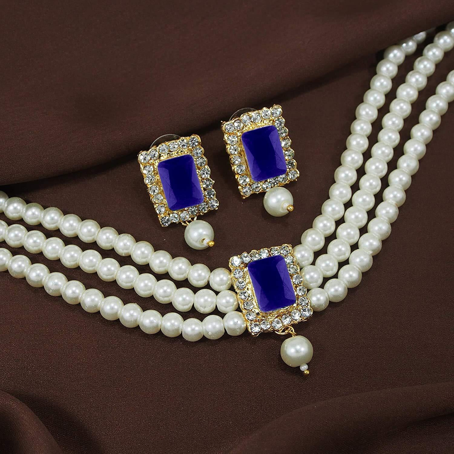 I Jewels Gold Plated Traditional Stone Pearl Choker Necklace Jewellery Set For Women/Girls (ML237Bl)
