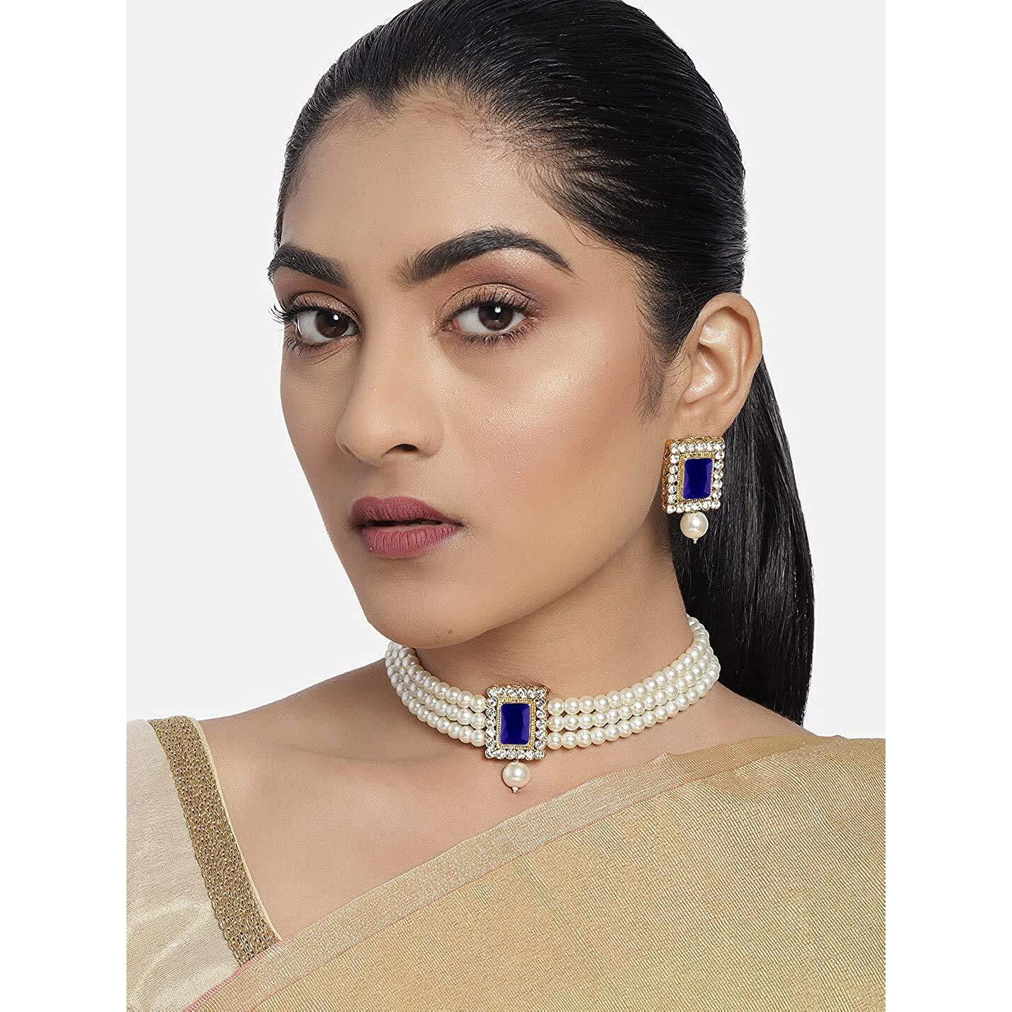 I Jewels Gold Plated Traditional Stone Pearl Choker Necklace Jewellery Set For Women/Girls (ML237Bl)