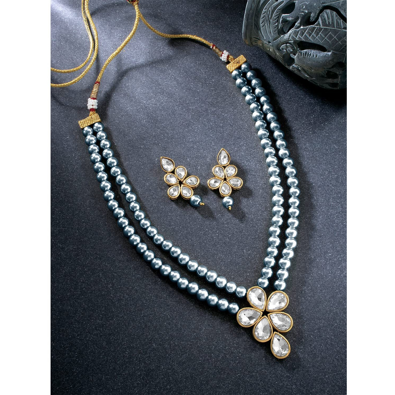 Peora Traditional Grey Beads Kundan Layered Long Necklace & Drop Earring Ethnic Jewellery Set Fashion Gift for Women Girls