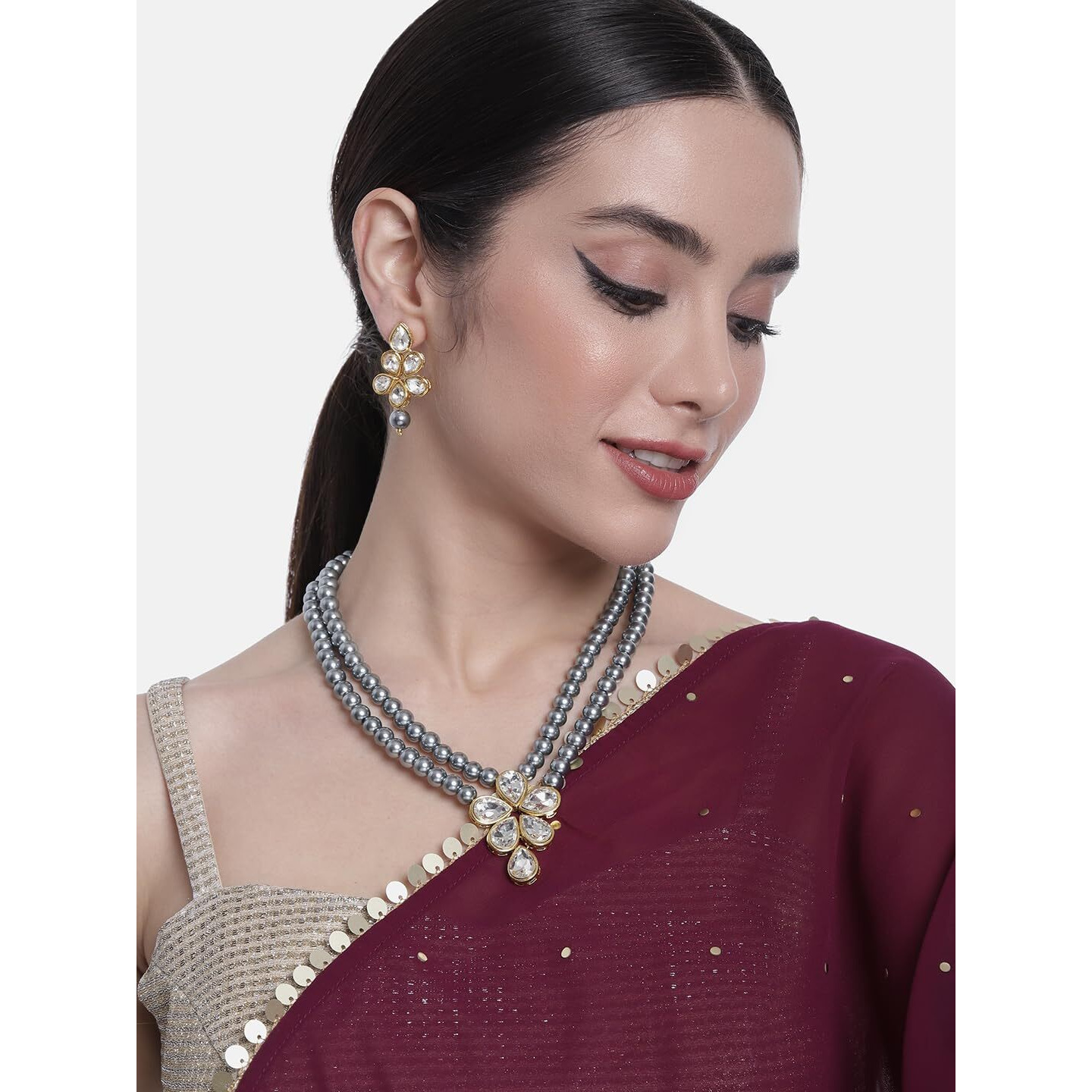 Peora Traditional Grey Beads Kundan Layered Long Necklace & Drop Earring Ethnic Jewellery Set Fashion Gift for Women Girls