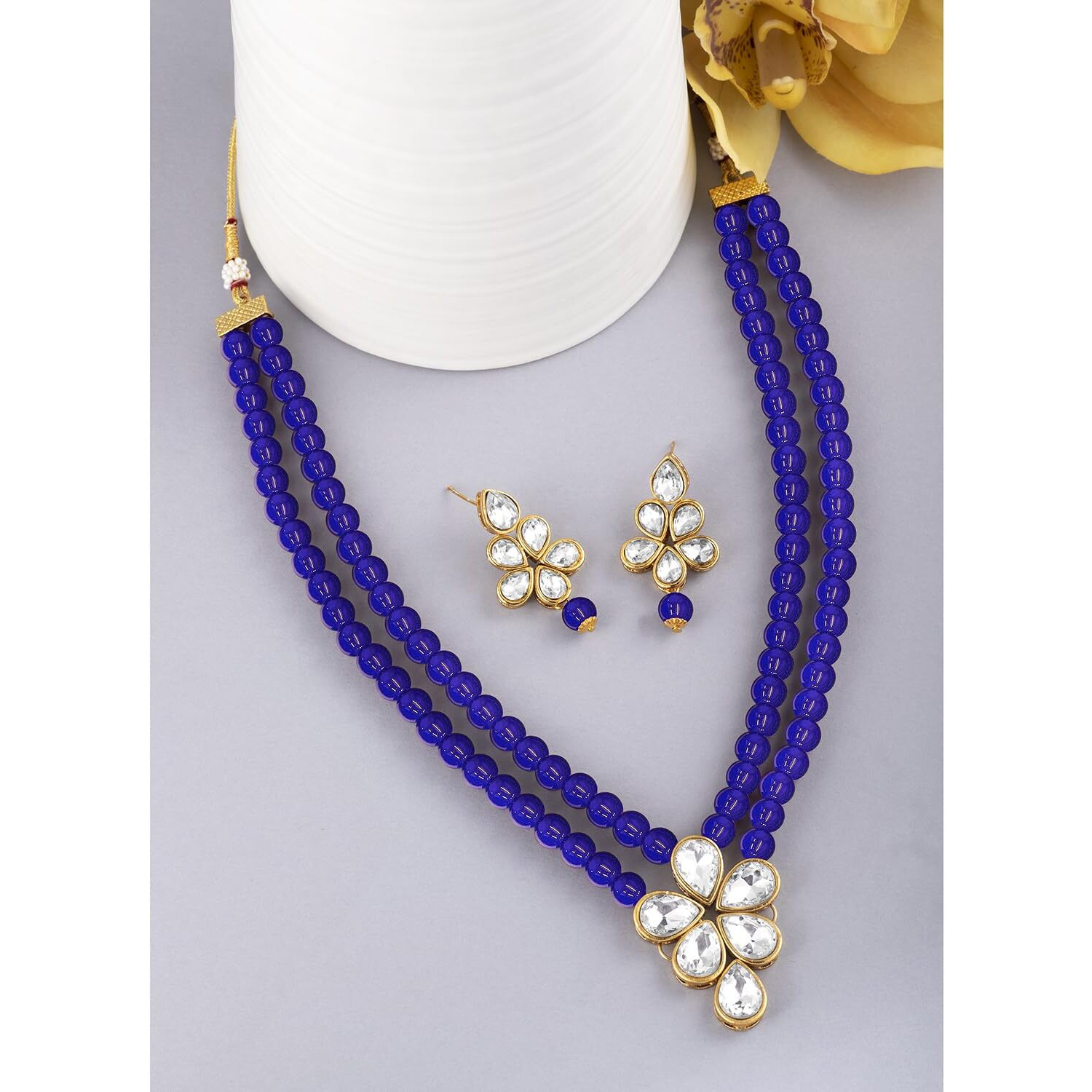 Peora Crystal Faux Pearl Long Necklace with Drop Earrings Traditional Ethnic Jewellery Set for Women Girls (Blue)