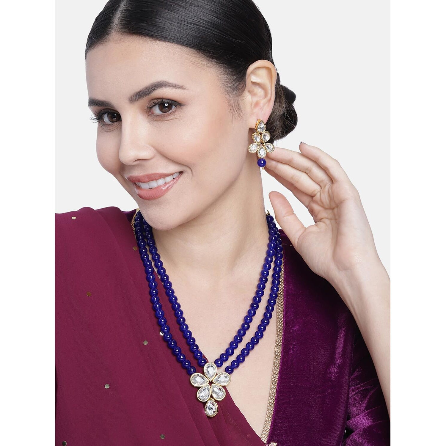 Peora Crystal Faux Pearl Long Necklace with Drop Earrings Traditional Ethnic Jewellery Set for Women Girls (Blue)