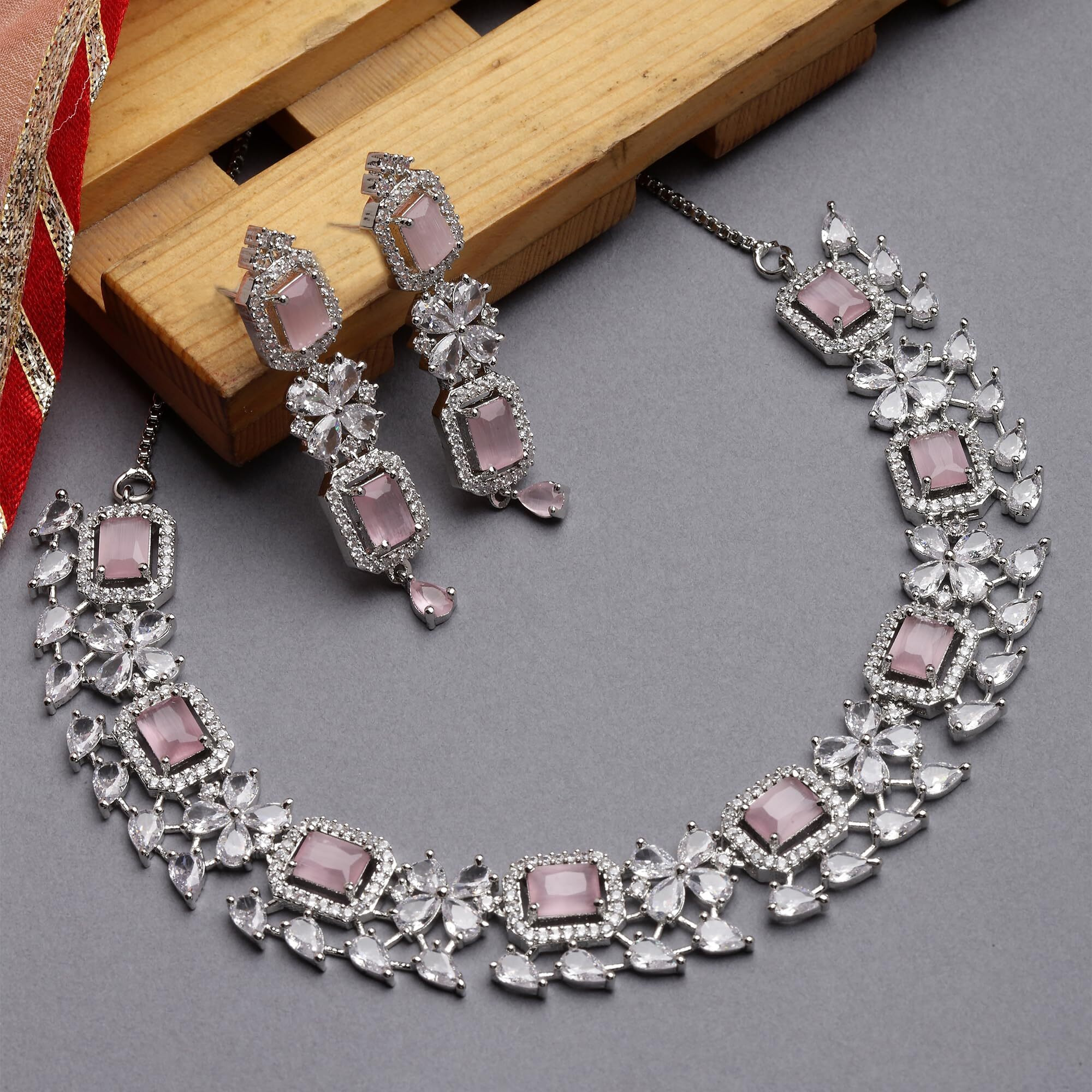 ZENEME Rhodium-Plated with Silver-Toned Pink and White American Diamond Studded Necklace and Earrings Jewellery Set (Pink) For Women