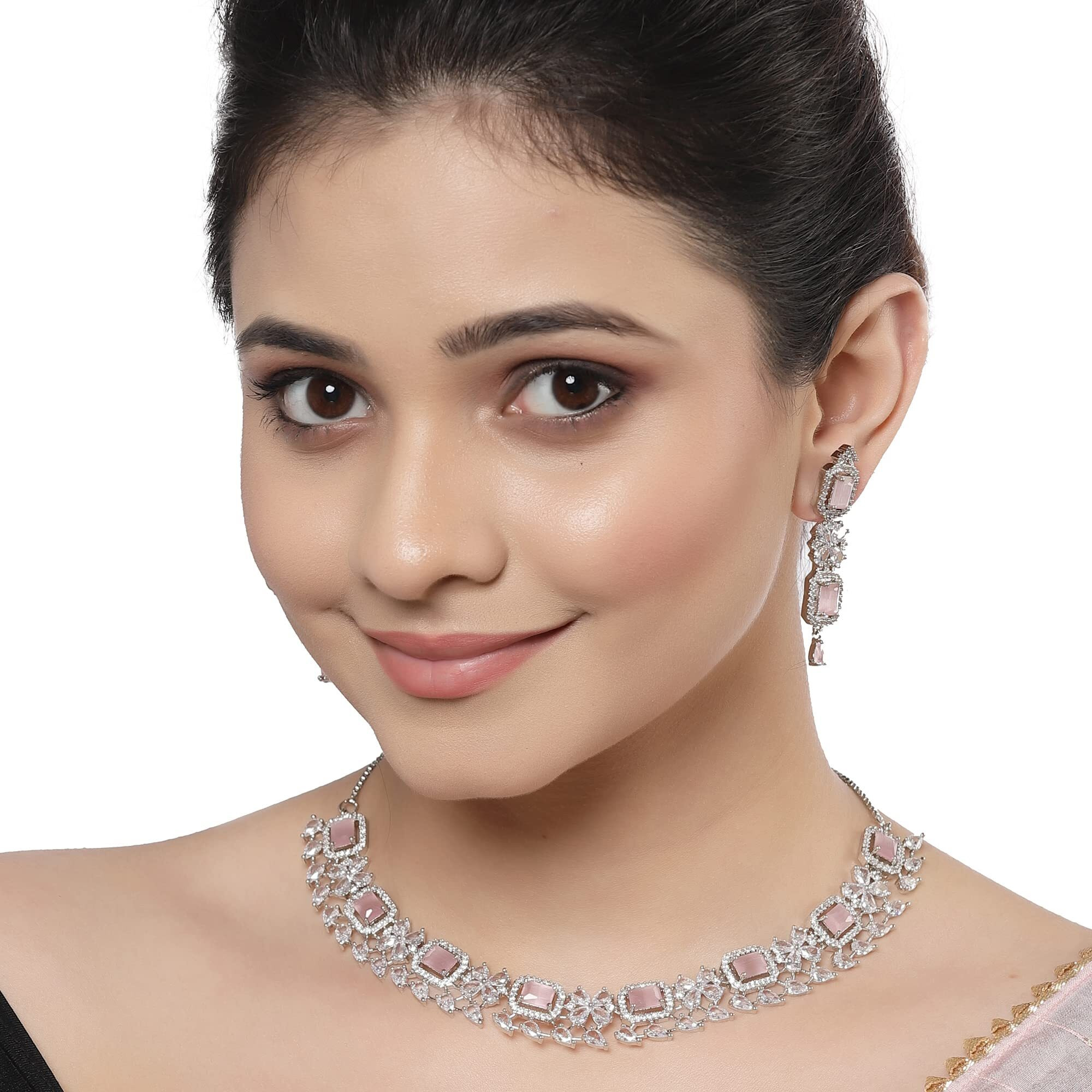 ZENEME Rhodium-Plated with Silver-Toned Pink and White American Diamond Studded Necklace and Earrings Jewellery Set (Pink) For Women