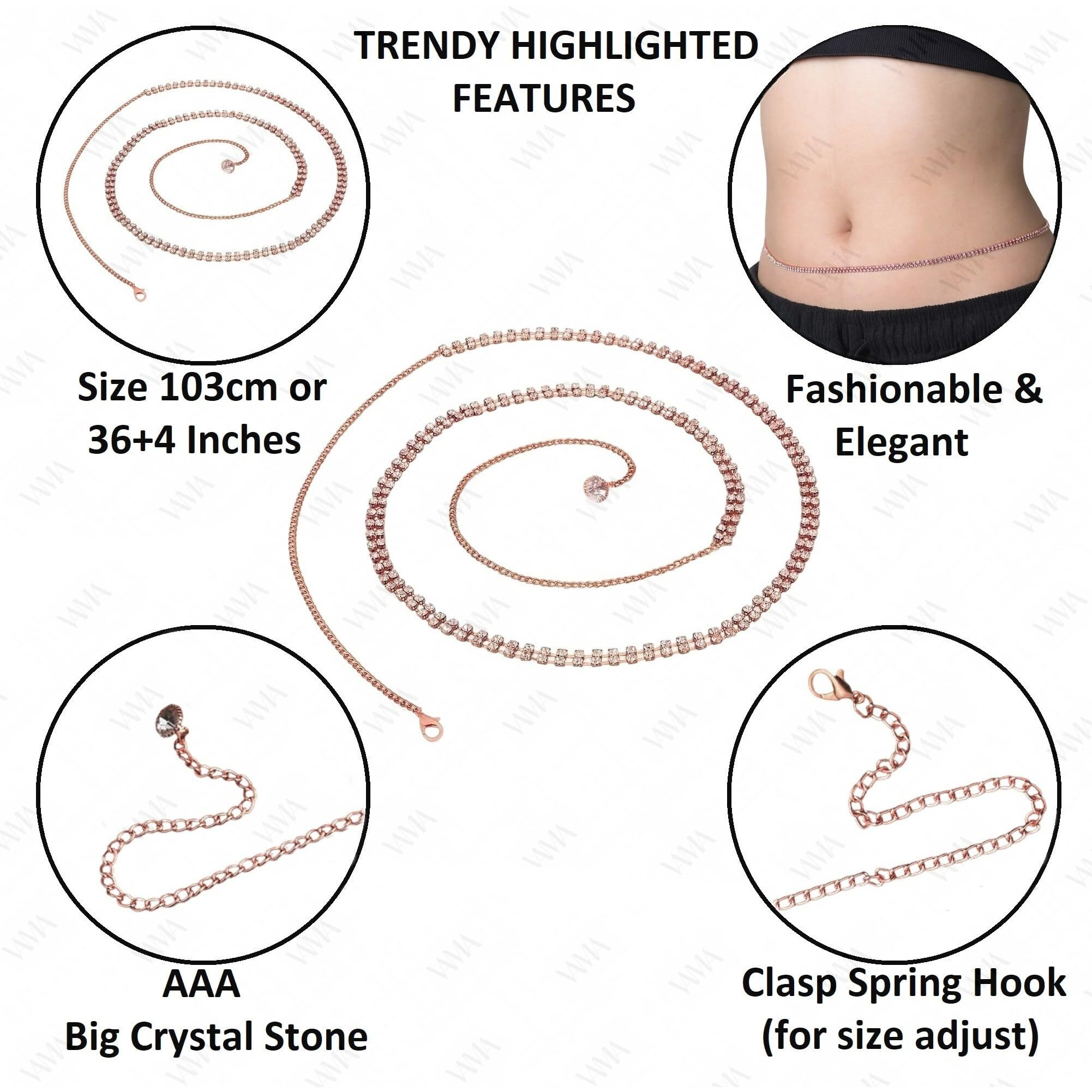 VAMA FASHIONS Stone Sexy Body Waist Belt Hip belly Chain karddhani Kamar bandh Saree Vaddanam Kamarband for Girls women (Rose Gold Belly Hip Chain)
