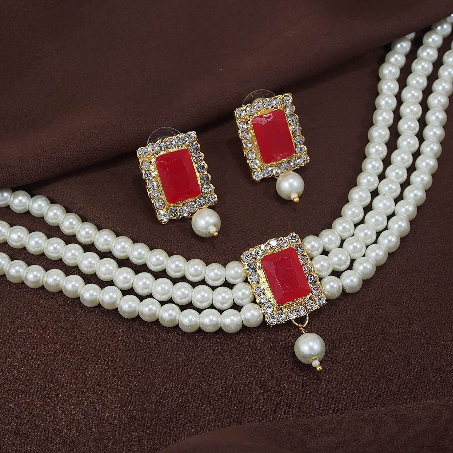 I Jewels Gold Plated Traditional Stone Pearl Choker Necklace Jewellery Set For Women/Girls (ML237R)