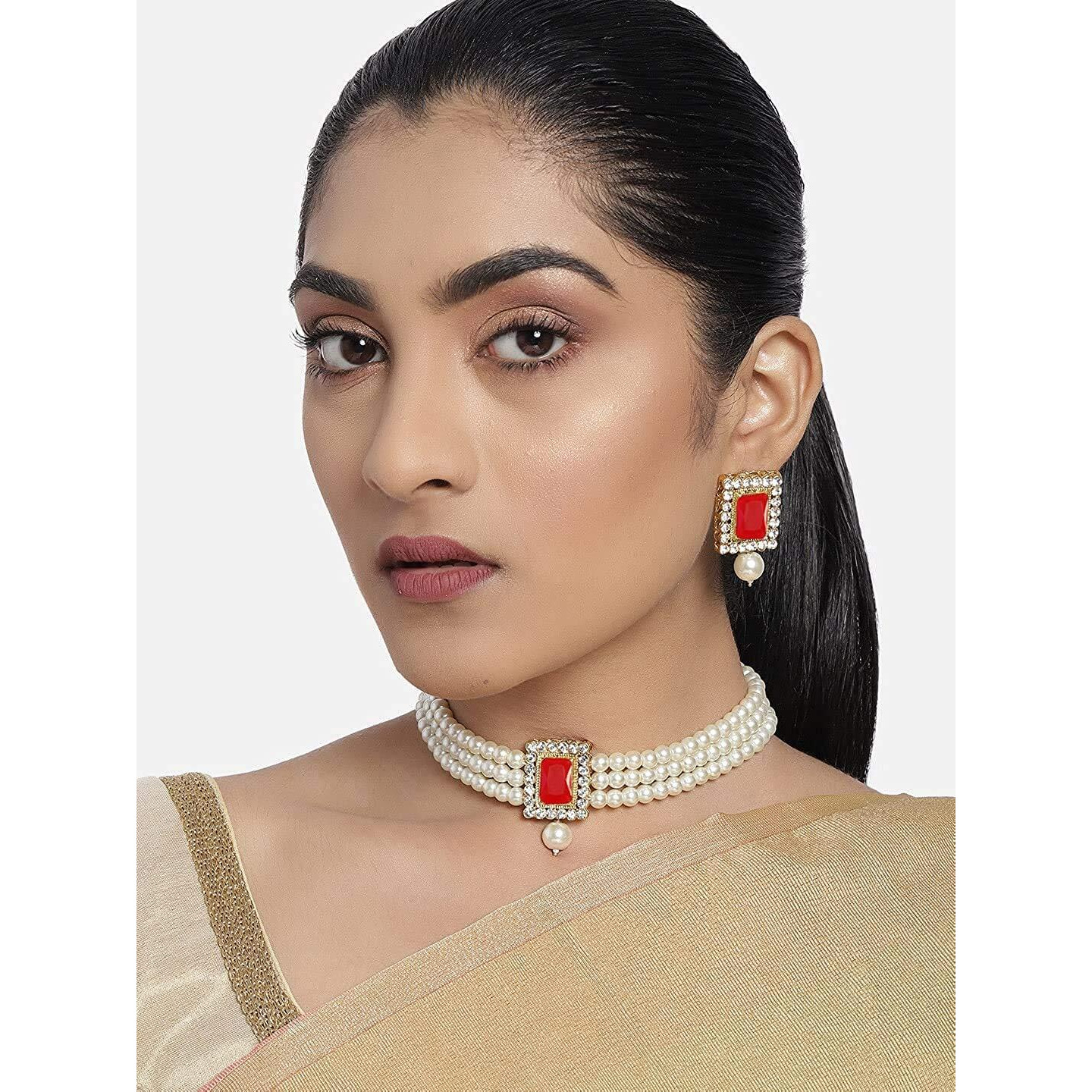 I Jewels Gold Plated Traditional Stone Pearl Choker Necklace Jewellery Set For Women/Girls (ML237R)