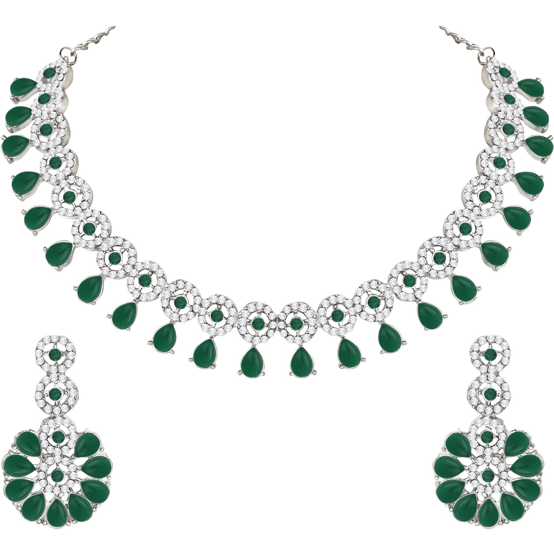 Atasi International Silver Plated Green Kundan and American Diamond Necklace Jewellery Set with Earrings for Women (RDGB5555)