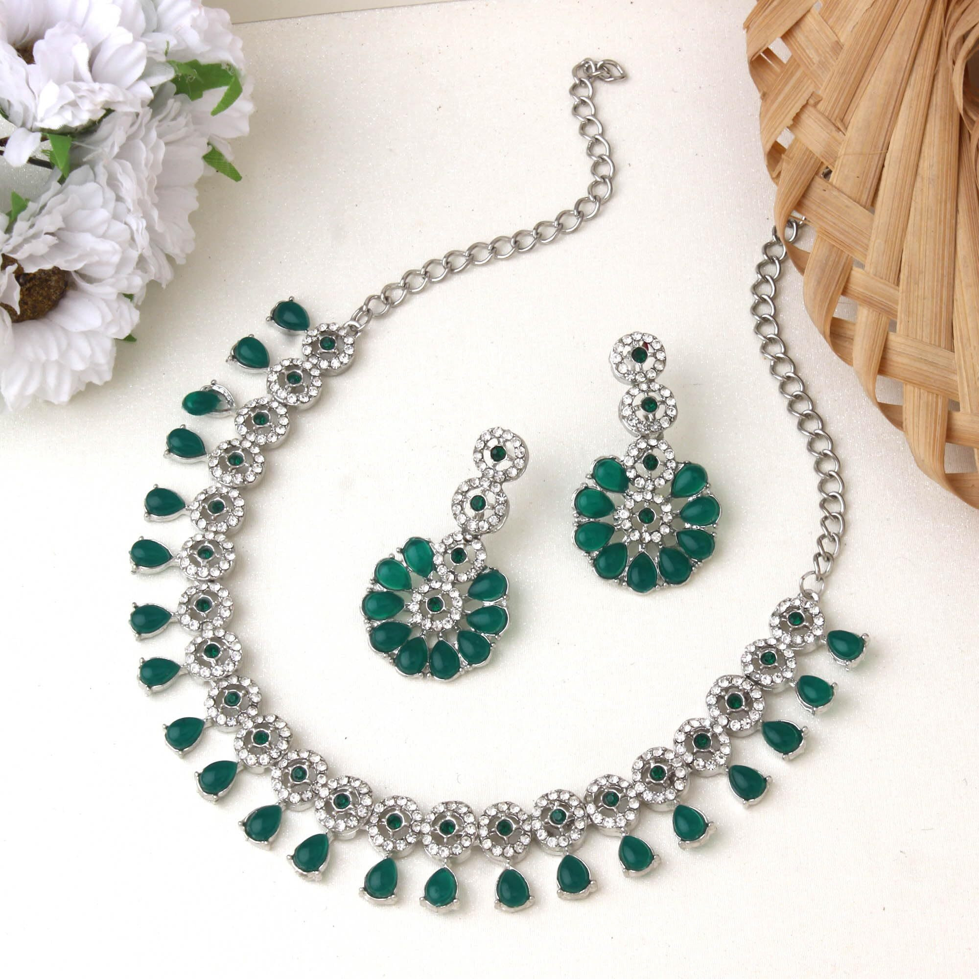 Atasi International Silver Plated Green Kundan and American Diamond Necklace Jewellery Set with Earrings for Women (RDGB5555)