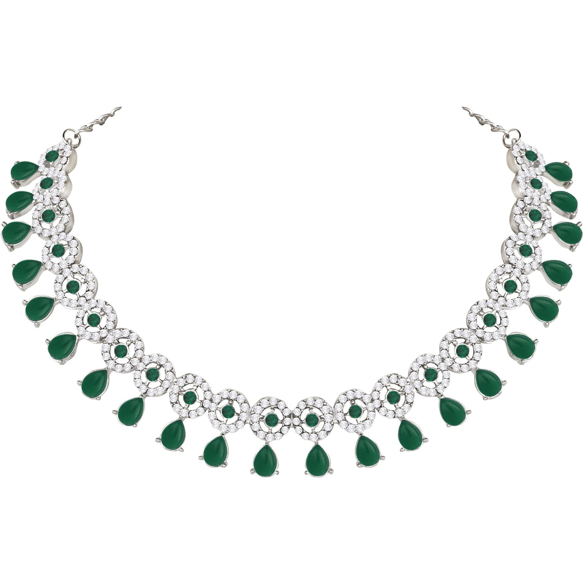 Atasi International Silver Plated Green Kundan and American Diamond Necklace Jewellery Set with Earrings for Women (RDGB5555)