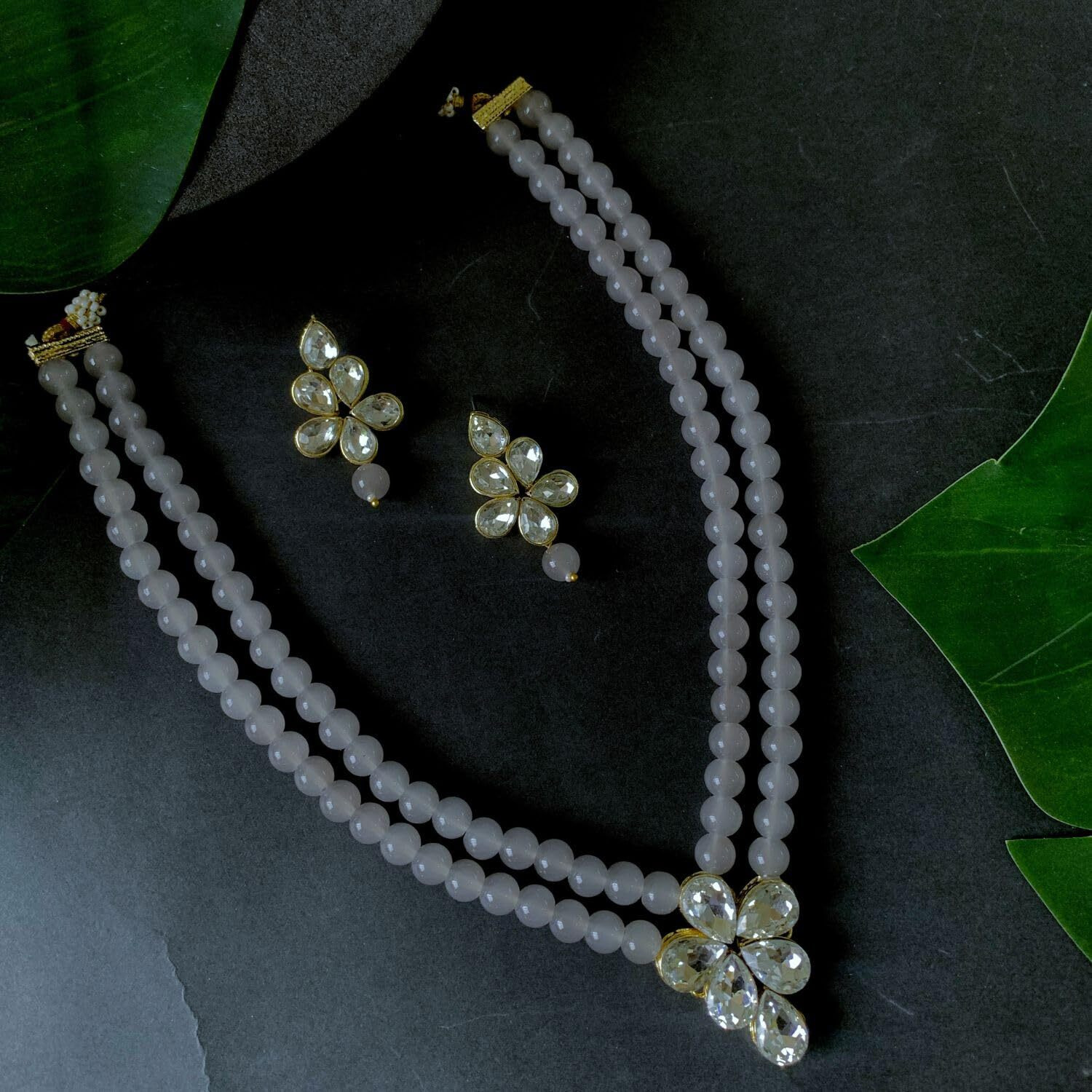 I Jewels 18k Gold Plated Traditional Kundan & Pearl Studded Necklace Jewellery Set For Women (ML311) (Grey)