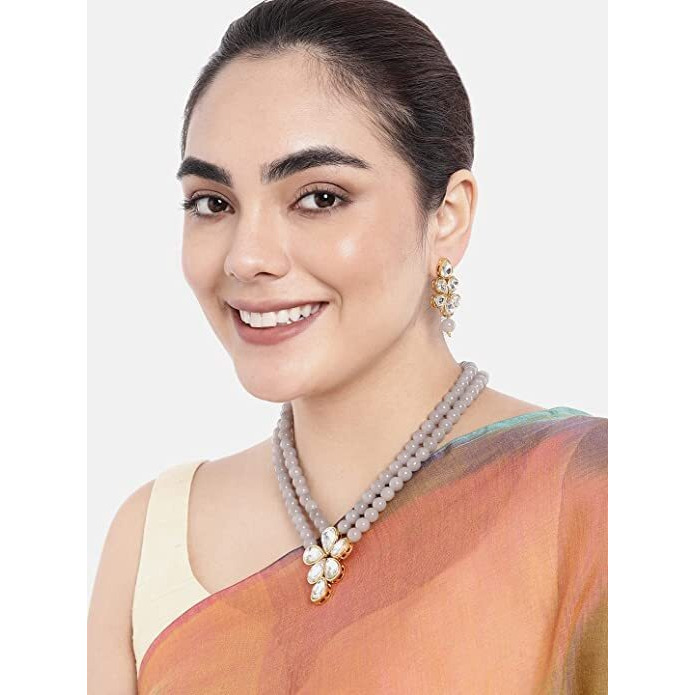 I Jewels 18k Gold Plated Traditional Kundan & Pearl Studded Necklace Jewellery Set For Women (ML311) (Grey)