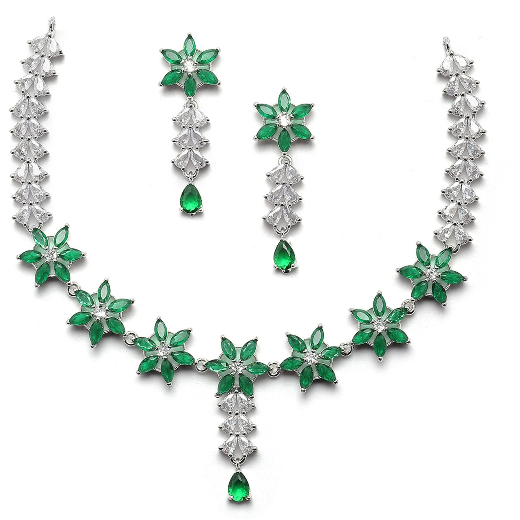 ZENEME Rhodium-Plated Silver Toned Star Shaped American Diamond Studded Necklace Earrings Jewellery Set for Girls and Women (Green_Design_01)